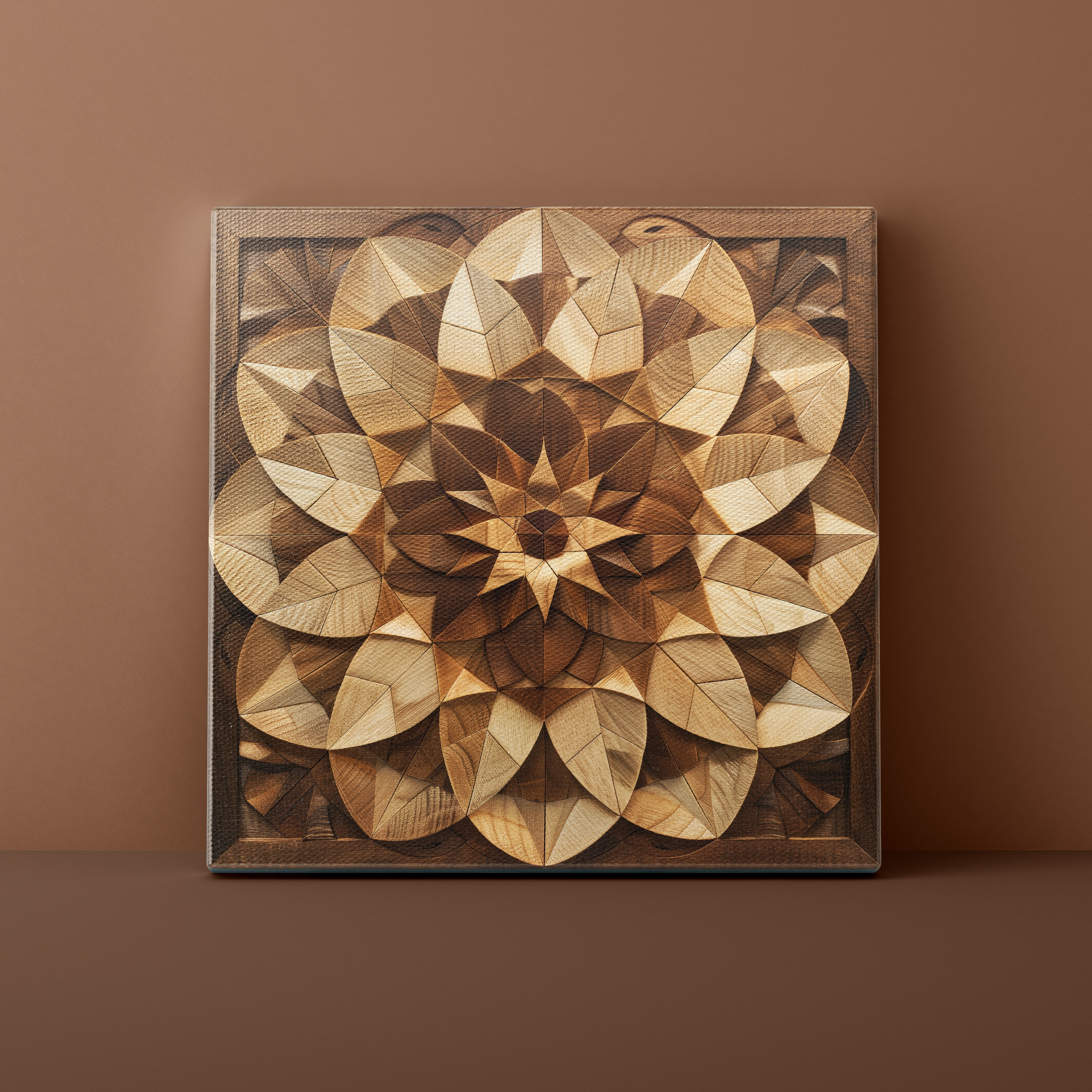 Wooden wall art with geometric pattern on a brown background