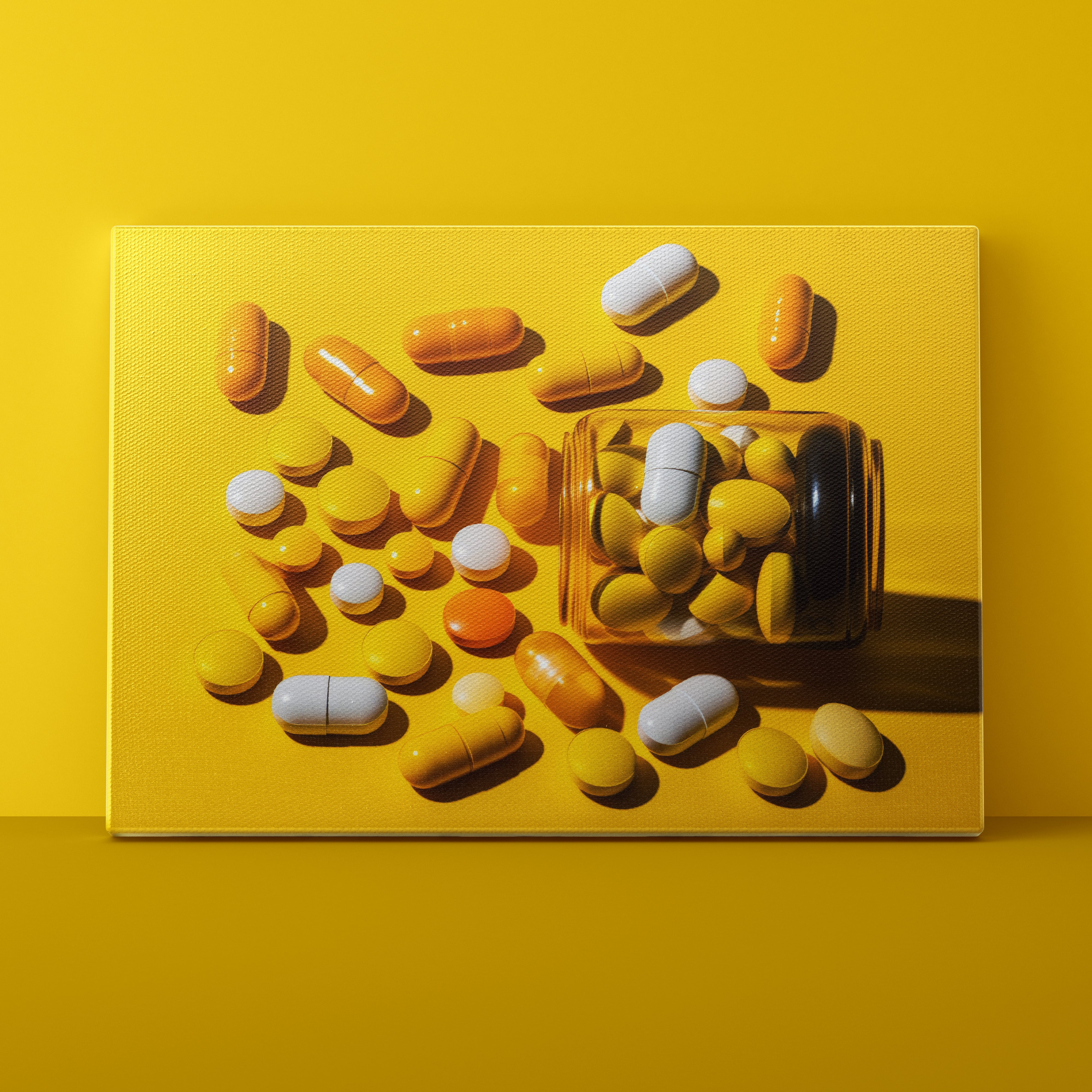Colorful pills and a glass jar on a yellow background