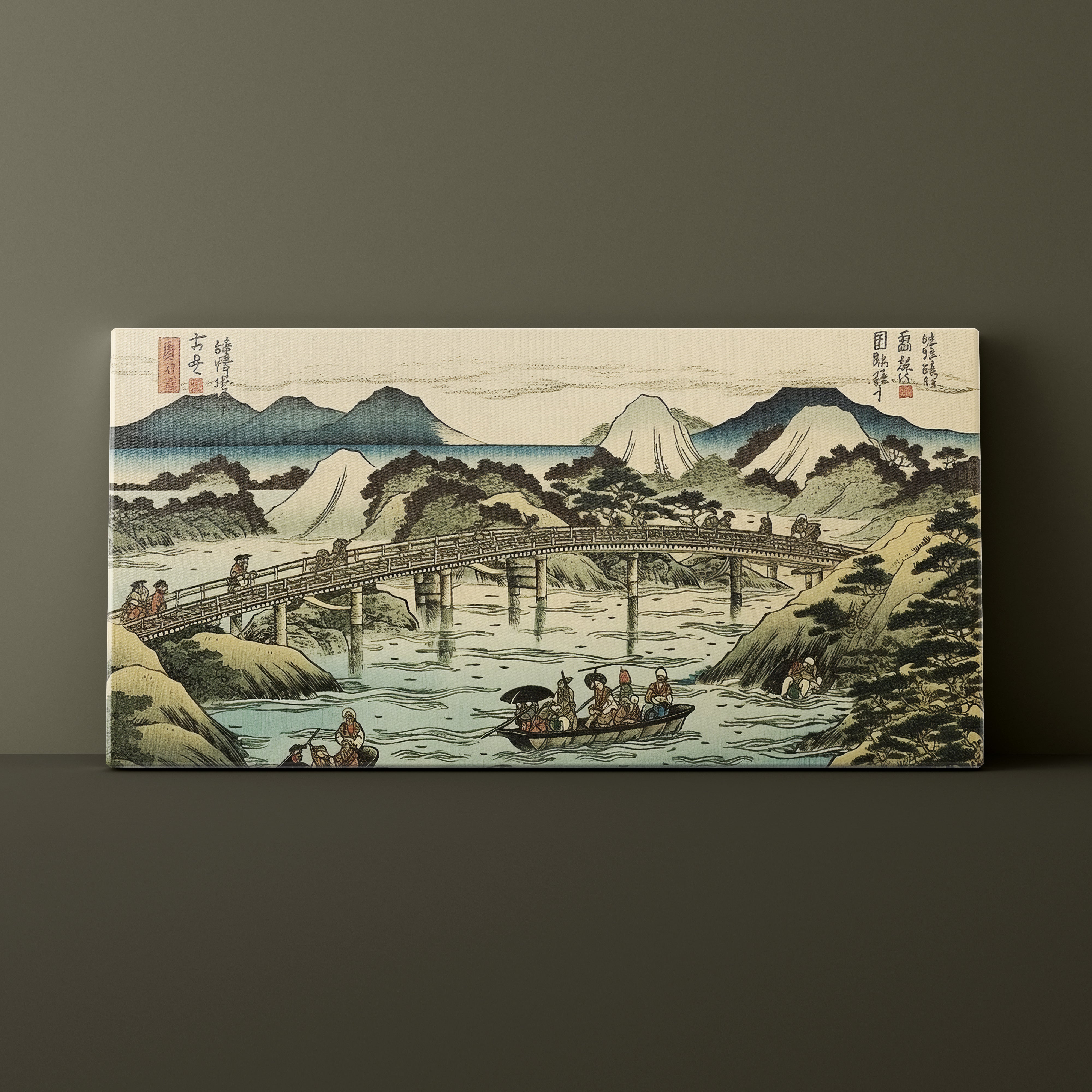 Canvas print of a traditional Japanese landscape with a bridge and mountains.