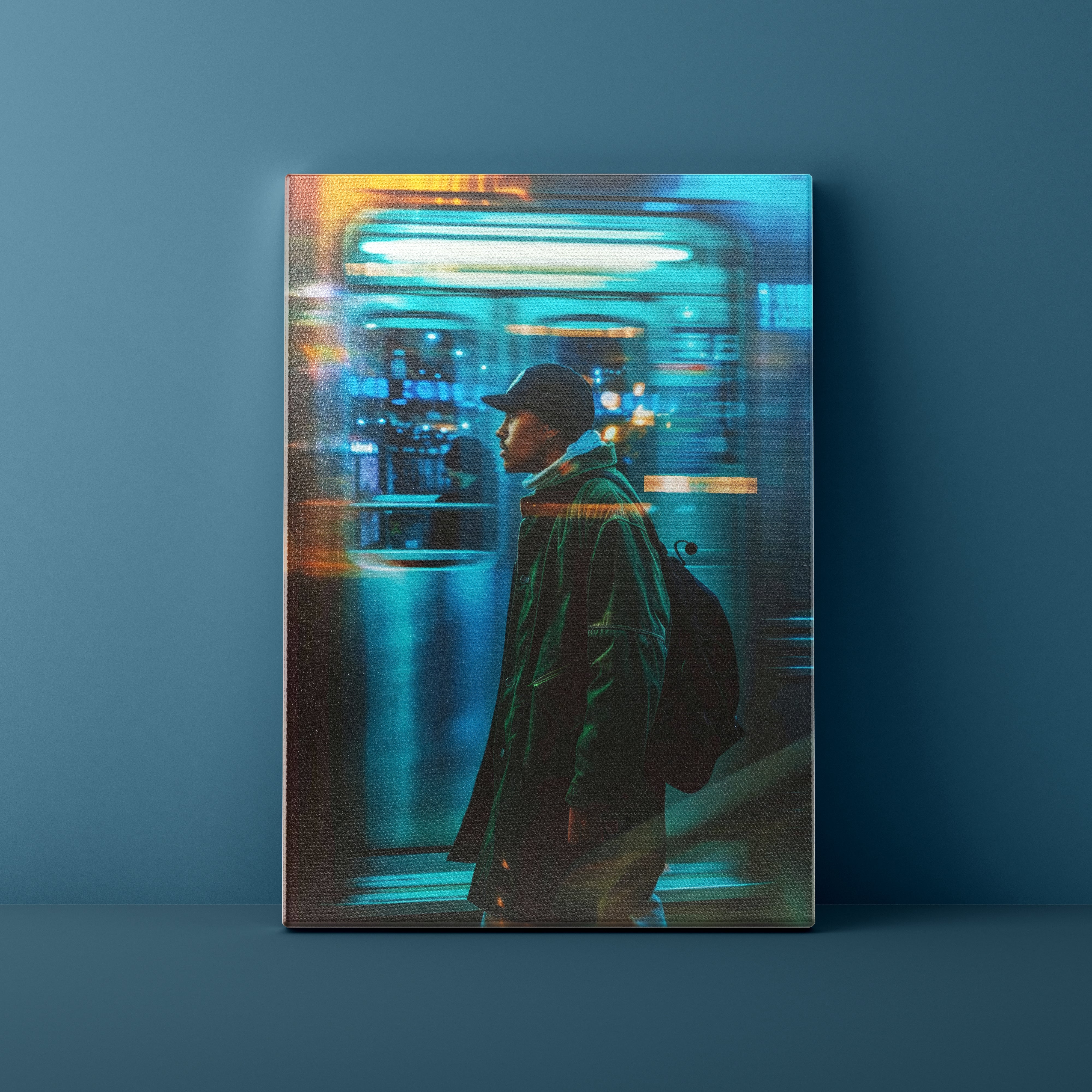 Canvas print of a person standing in a subway with neon lights on a dark blue background