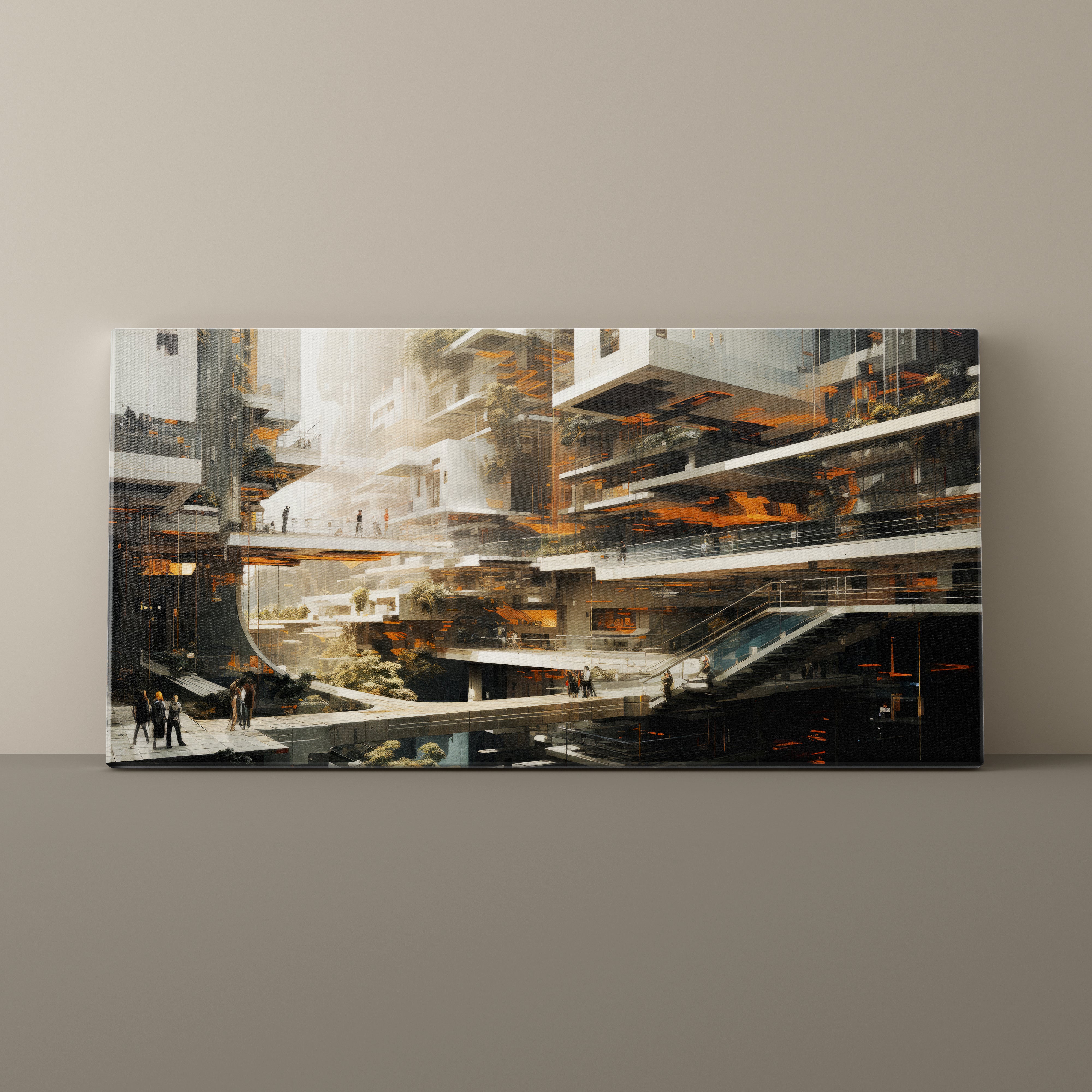 Abstract architectural artwork on a gray wall