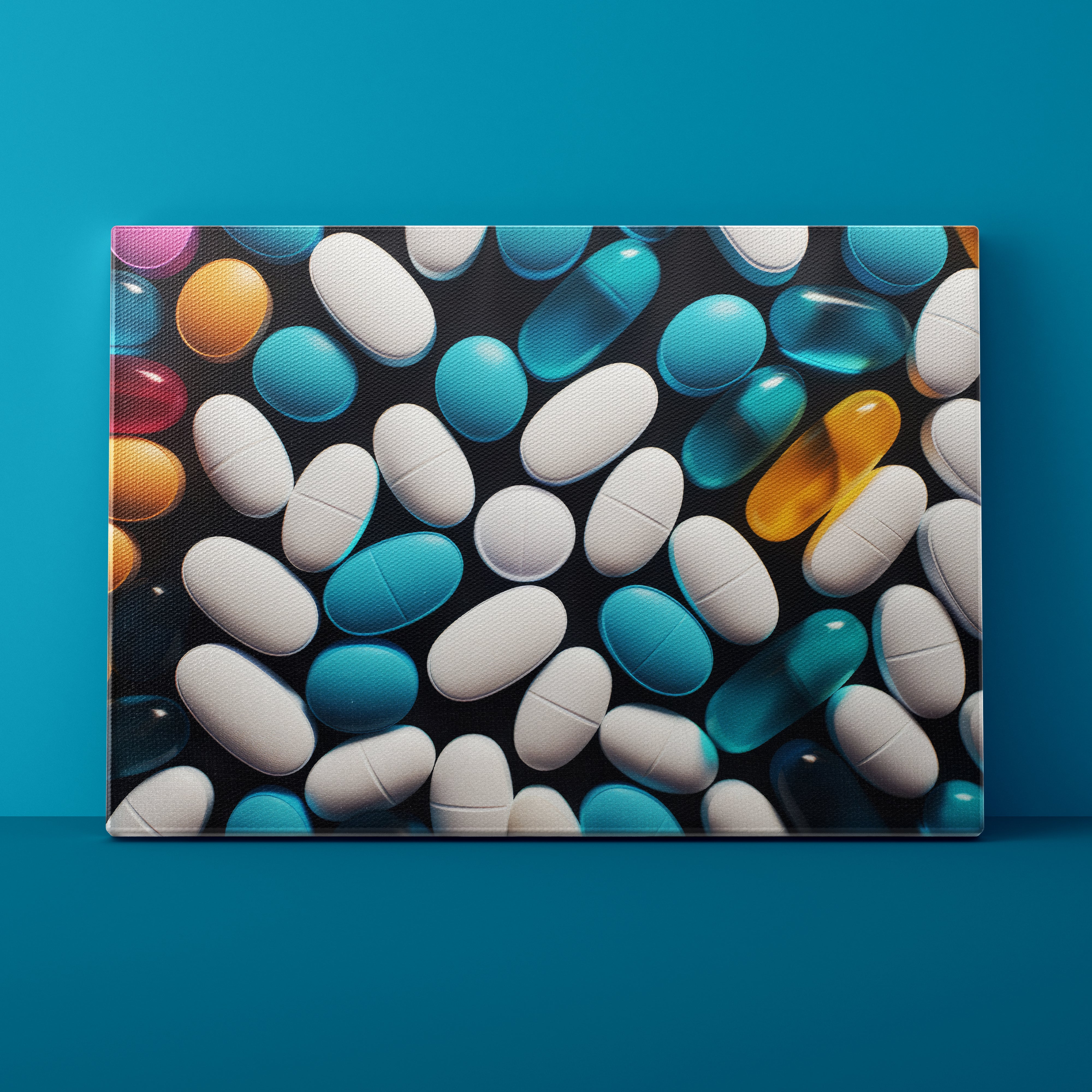 Colorful assortment of pills on a dark background