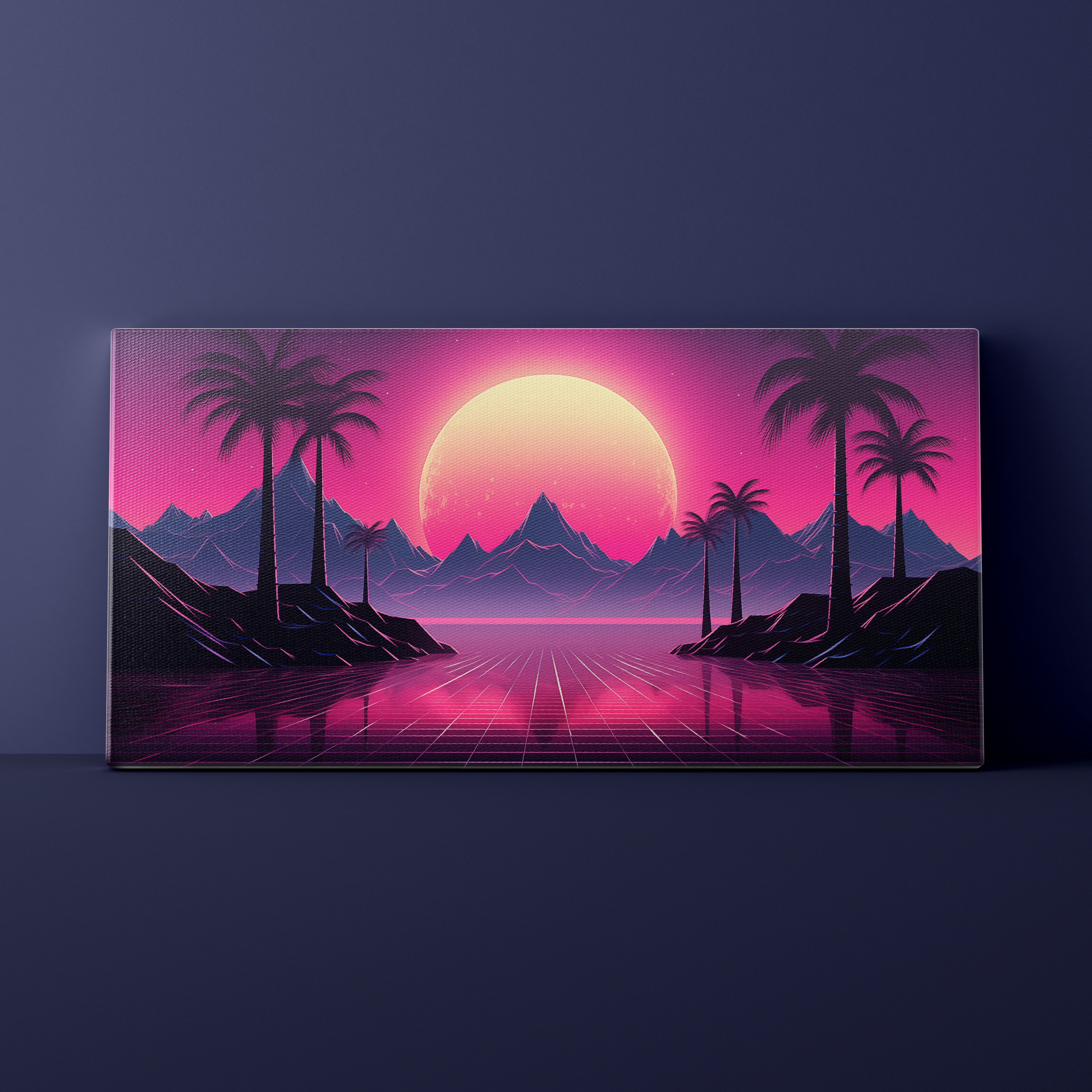 Futuristic landscape with palm trees, mountains, and a pink sun on a dark blue background