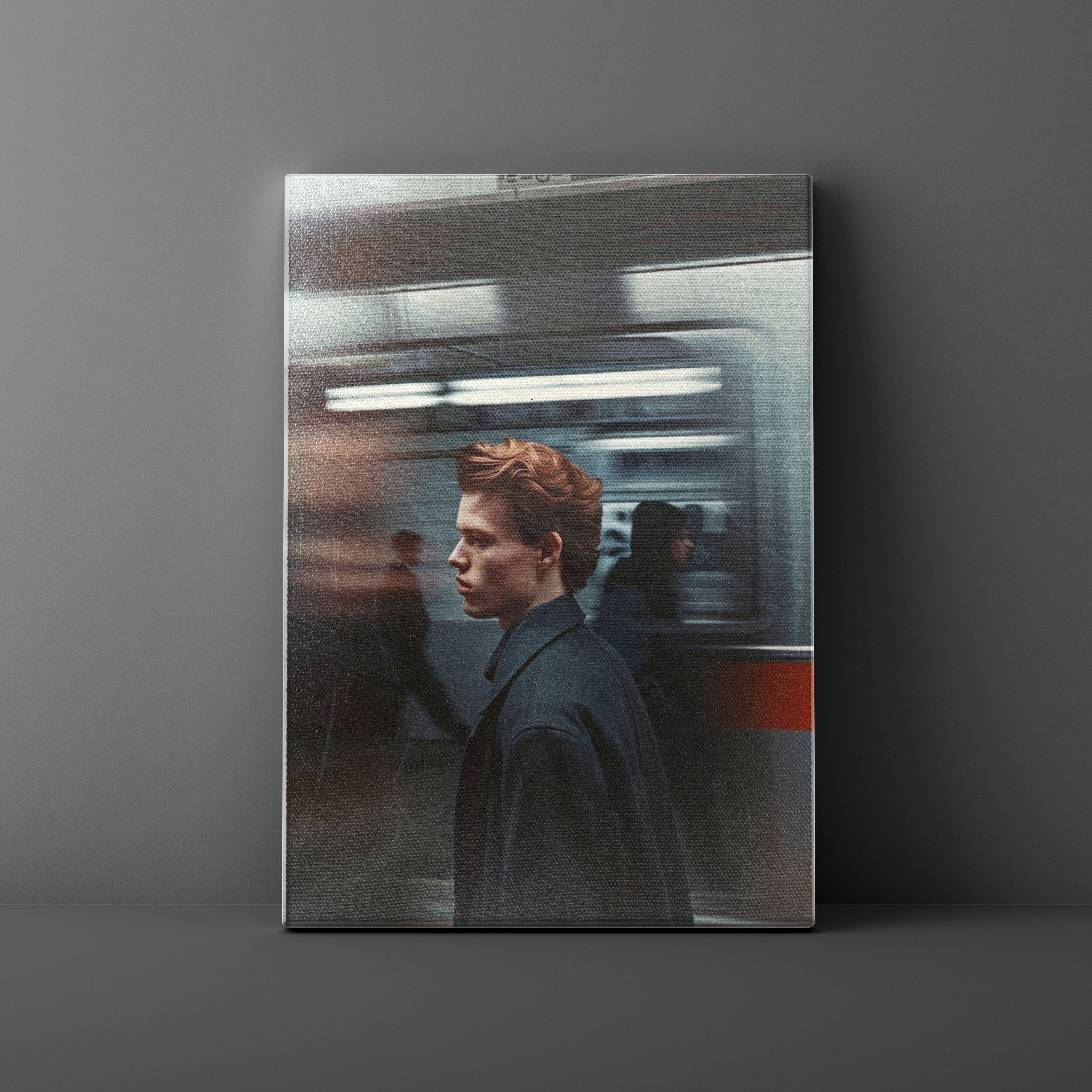 Poster of a person on a subway with a blurred background