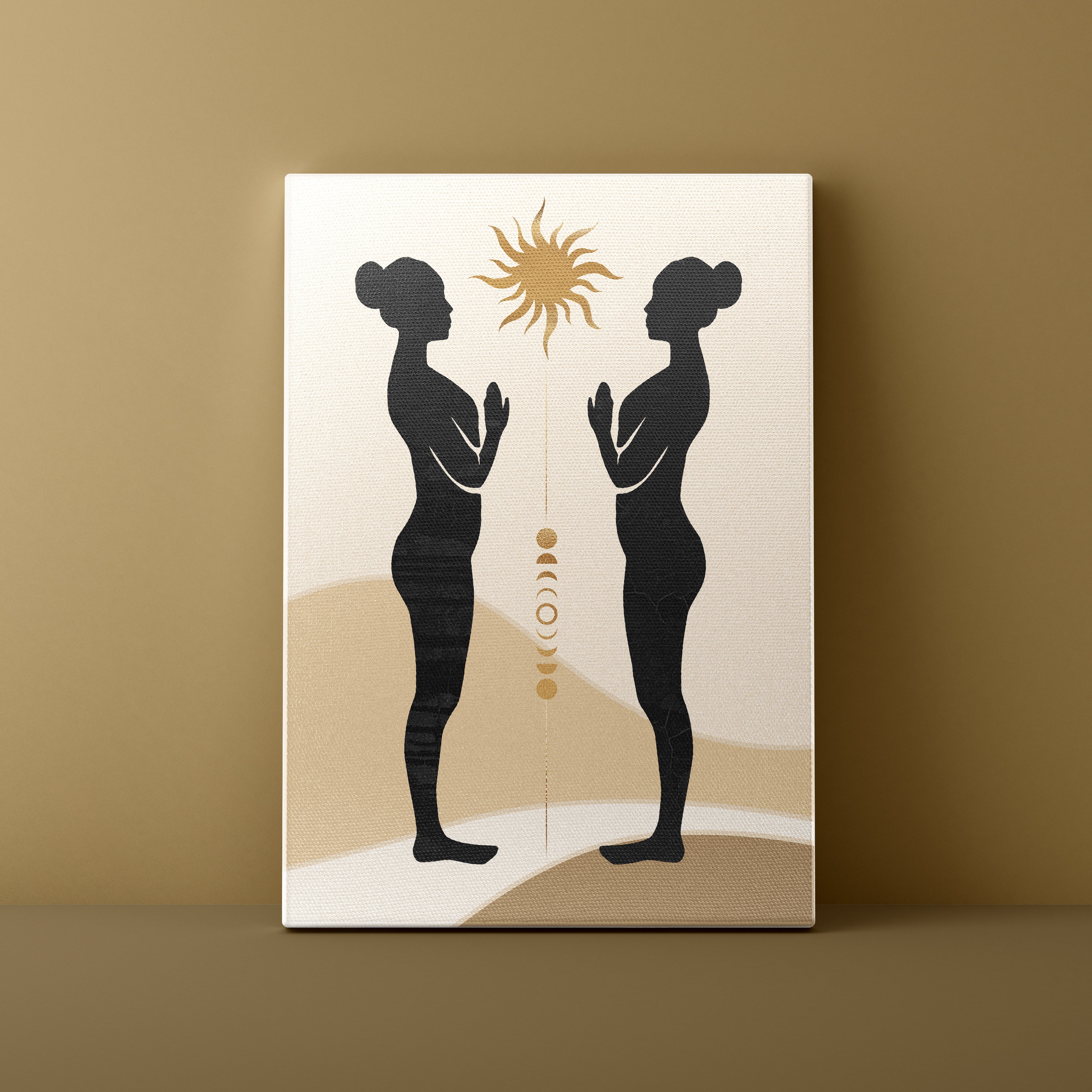 Canvas print with black silhouette of two people facing each other and a sun symbol on a beige background.