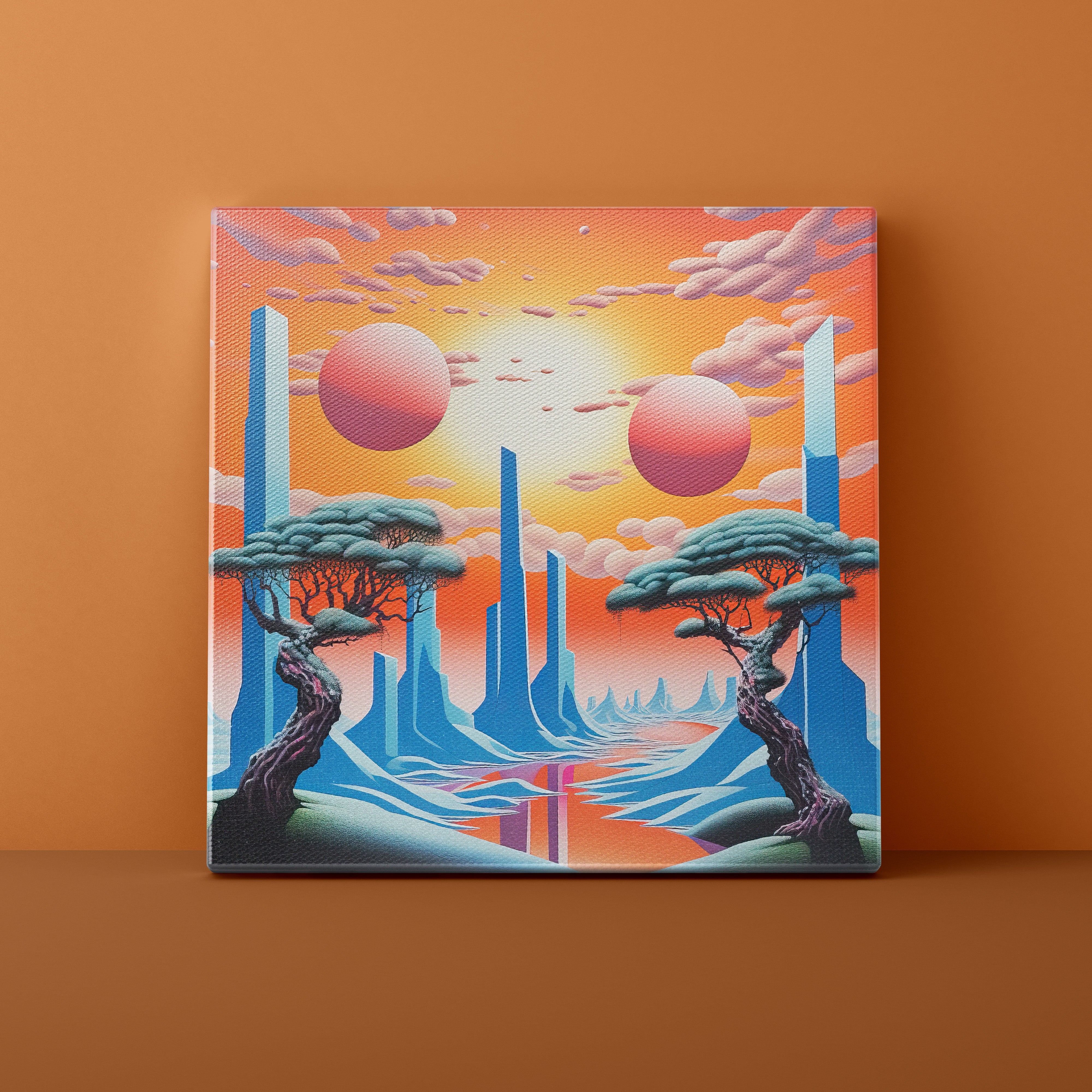 Surreal landscape with trees, suns, and tall structures on a brown background