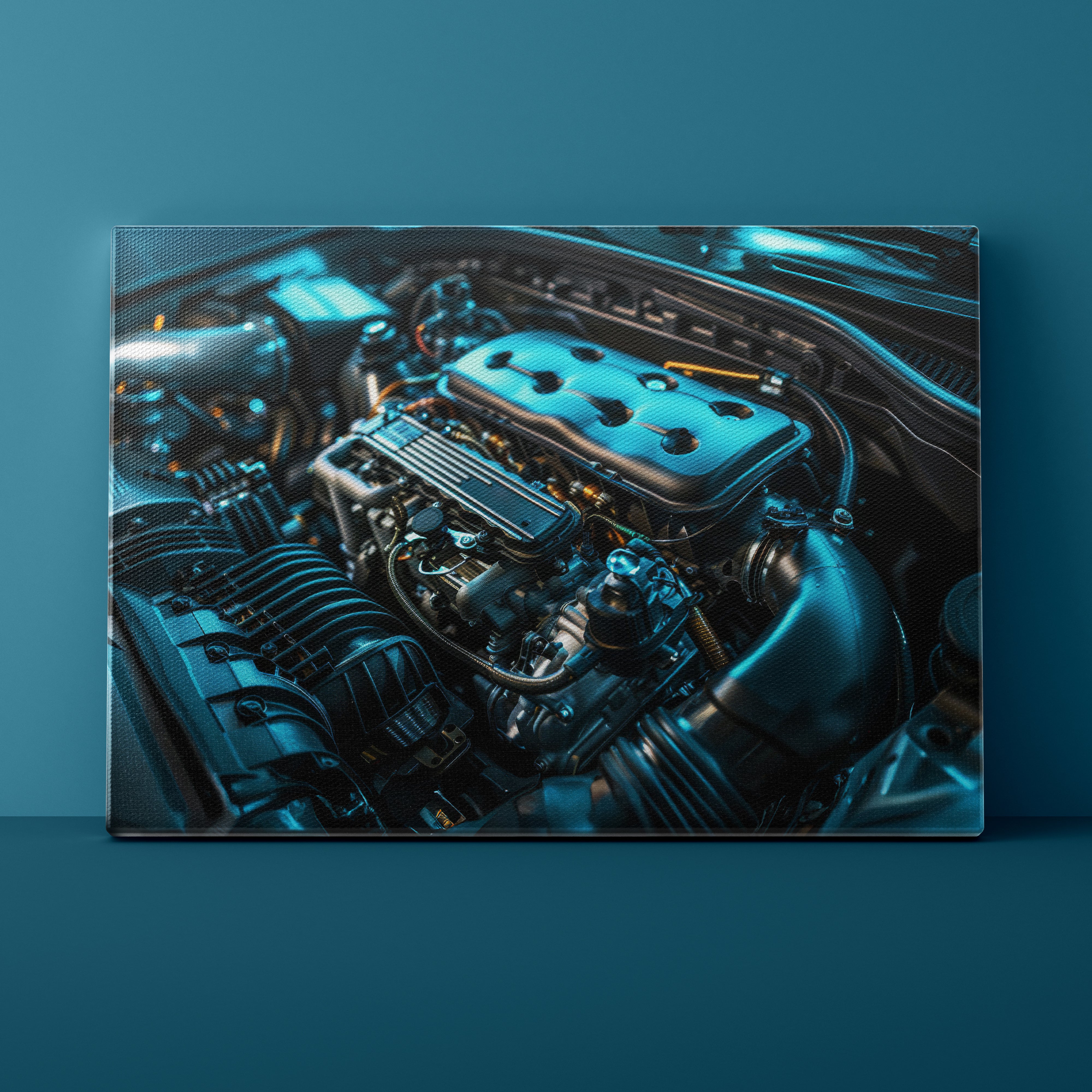Close-up of a car engine on a dark blue background