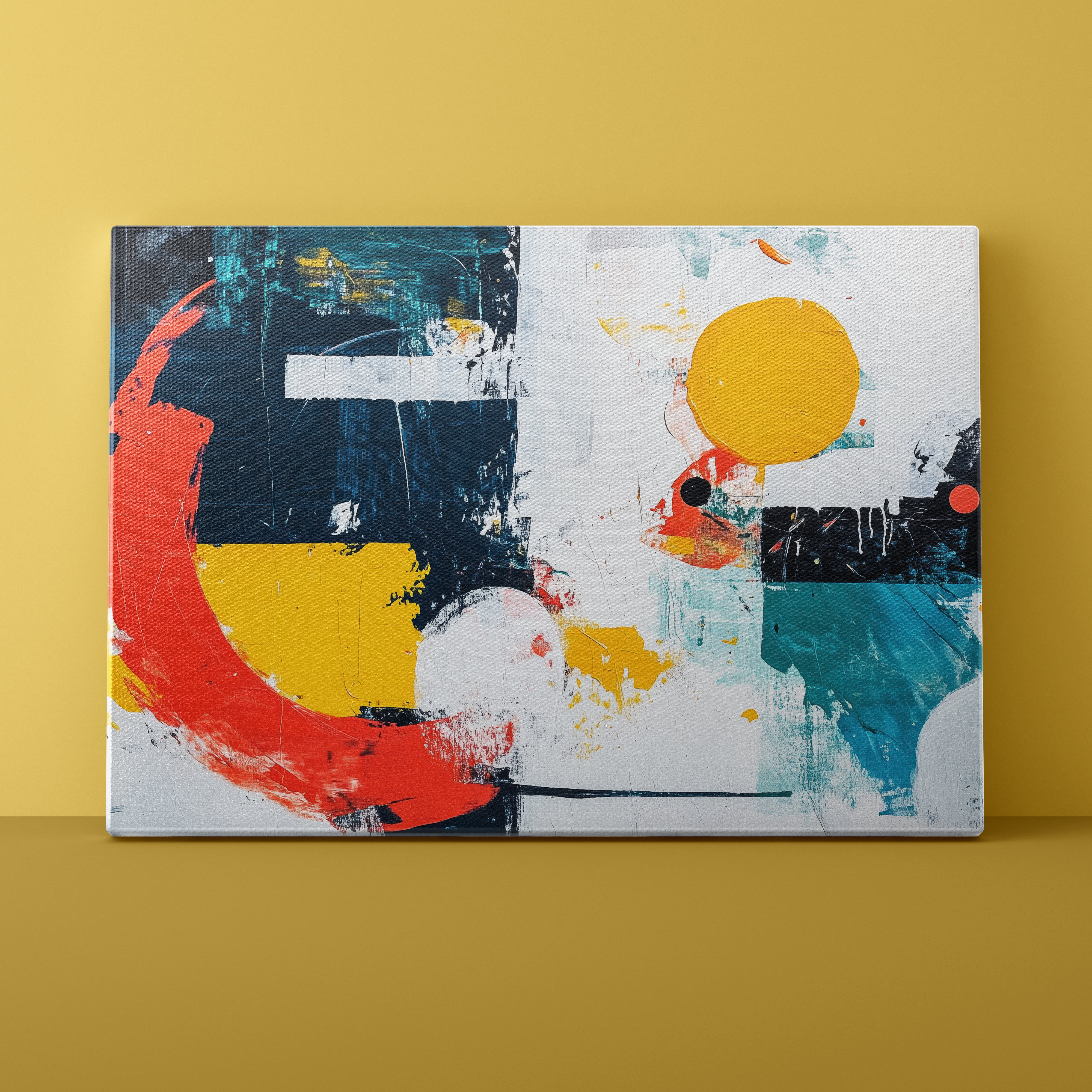 Abstract art canvas with colorful shapes on a yellow background