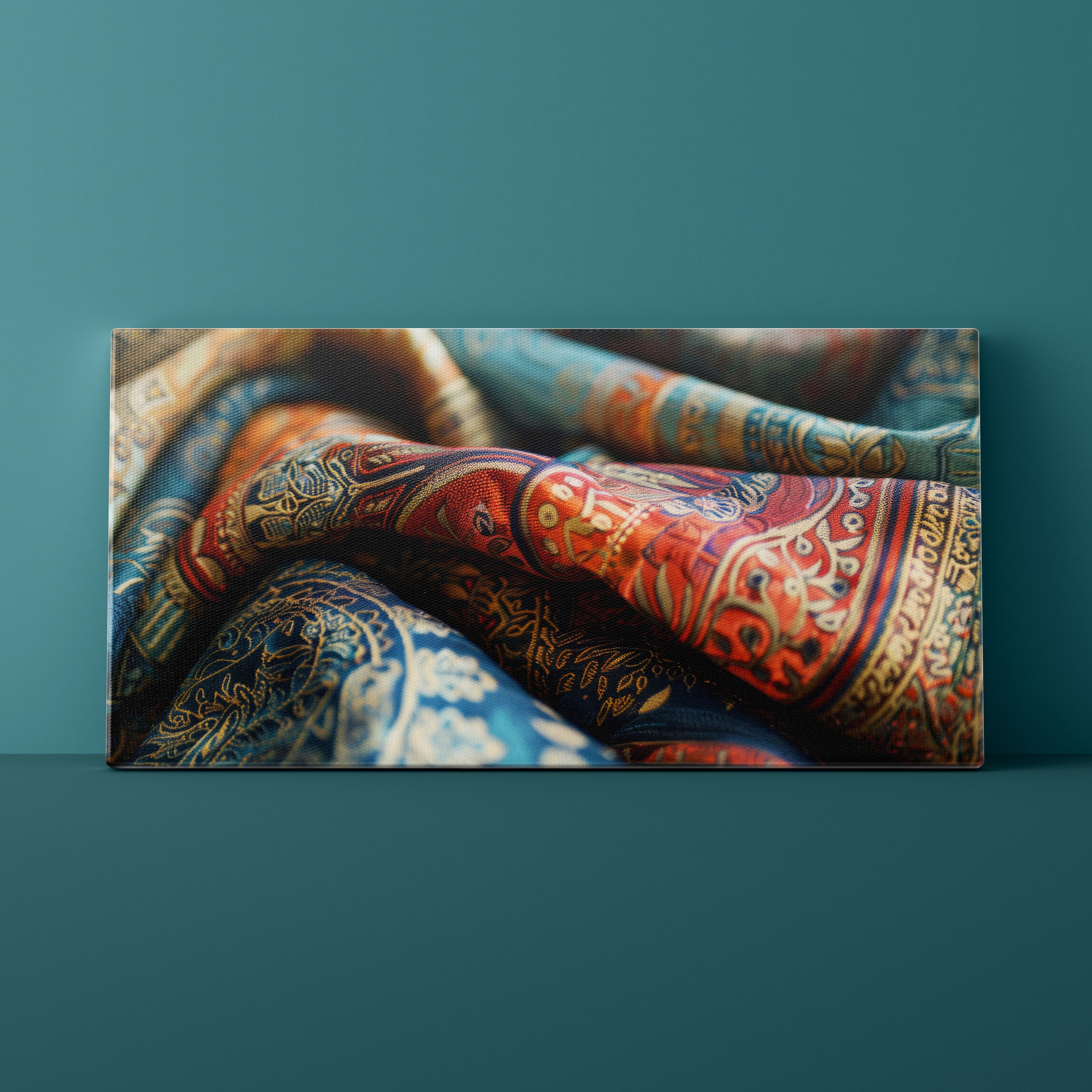 Colorful patterned fabric on a teal background