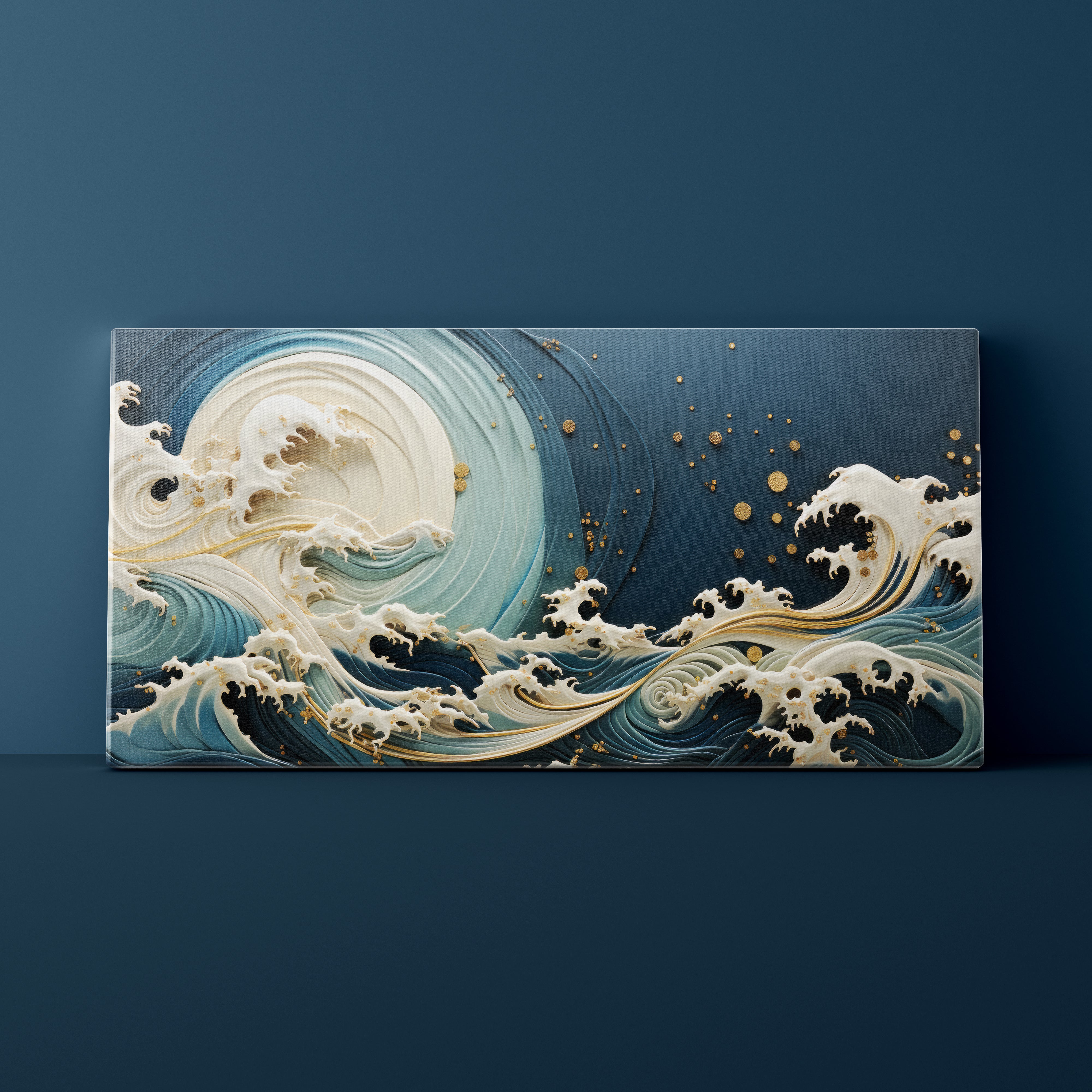 Decorative wall art with stylized waves on a dark blue background