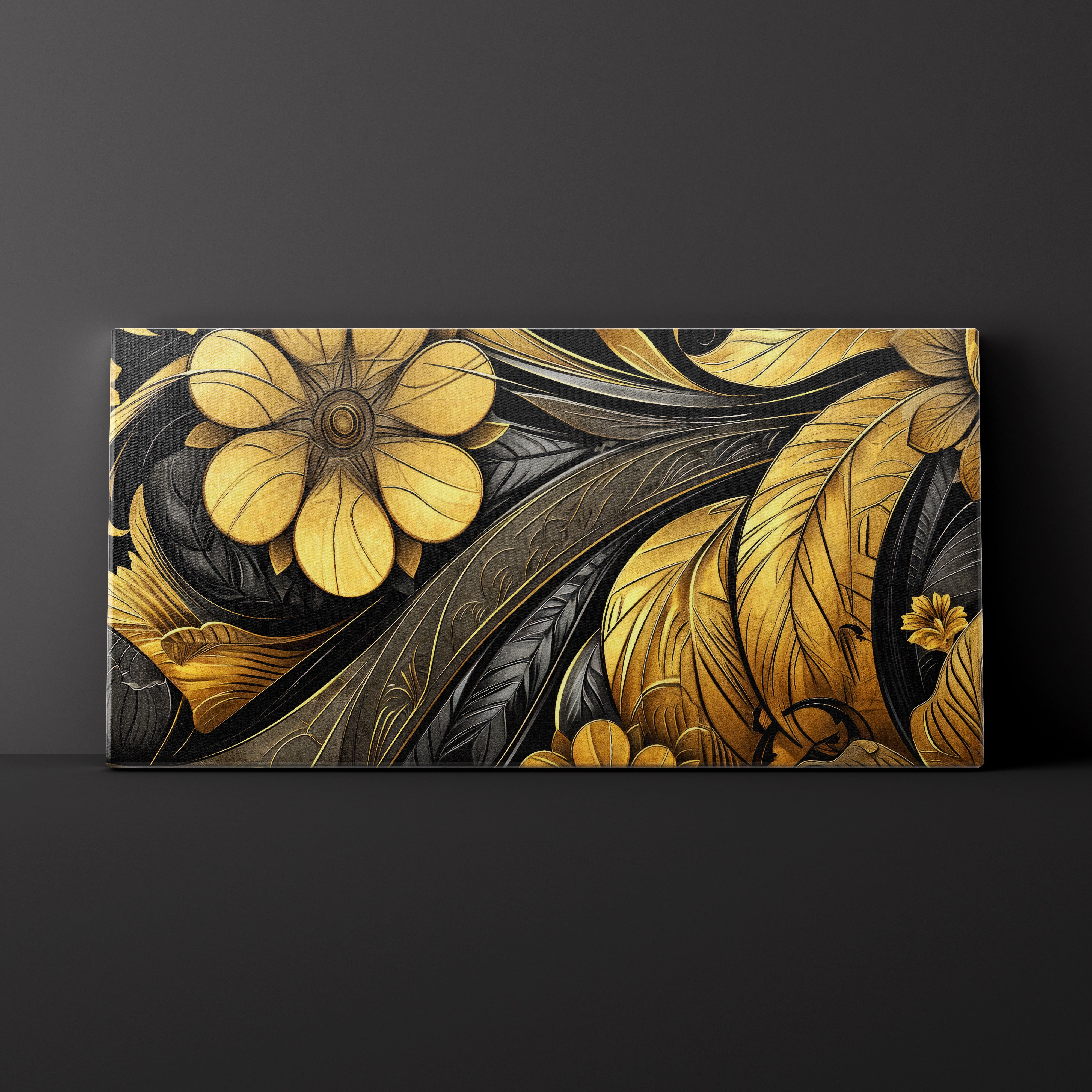 Decorative panel with gold and black floral and leaf patterns on a dark background