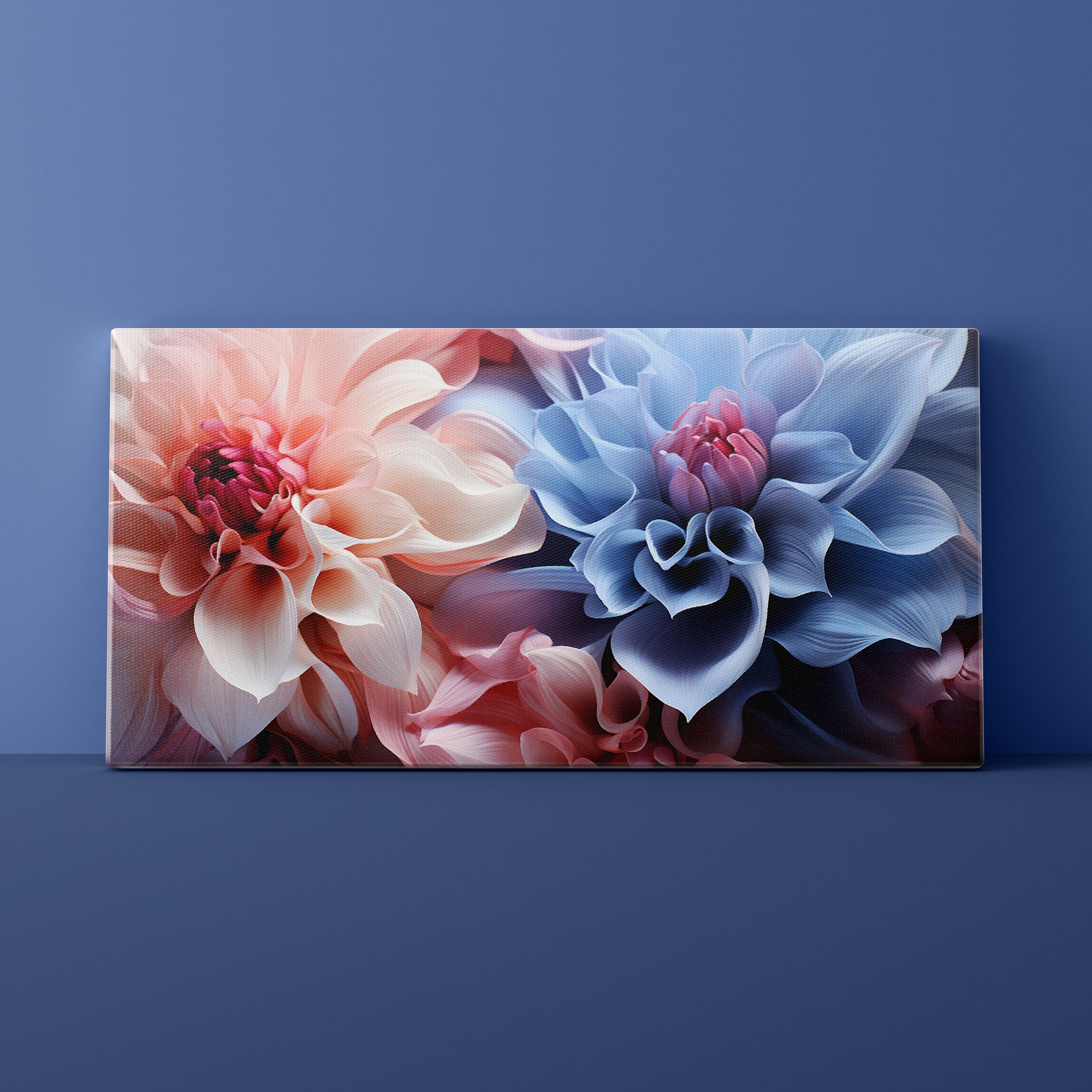 Floral canvas print with pink and blue flowers on a blue background