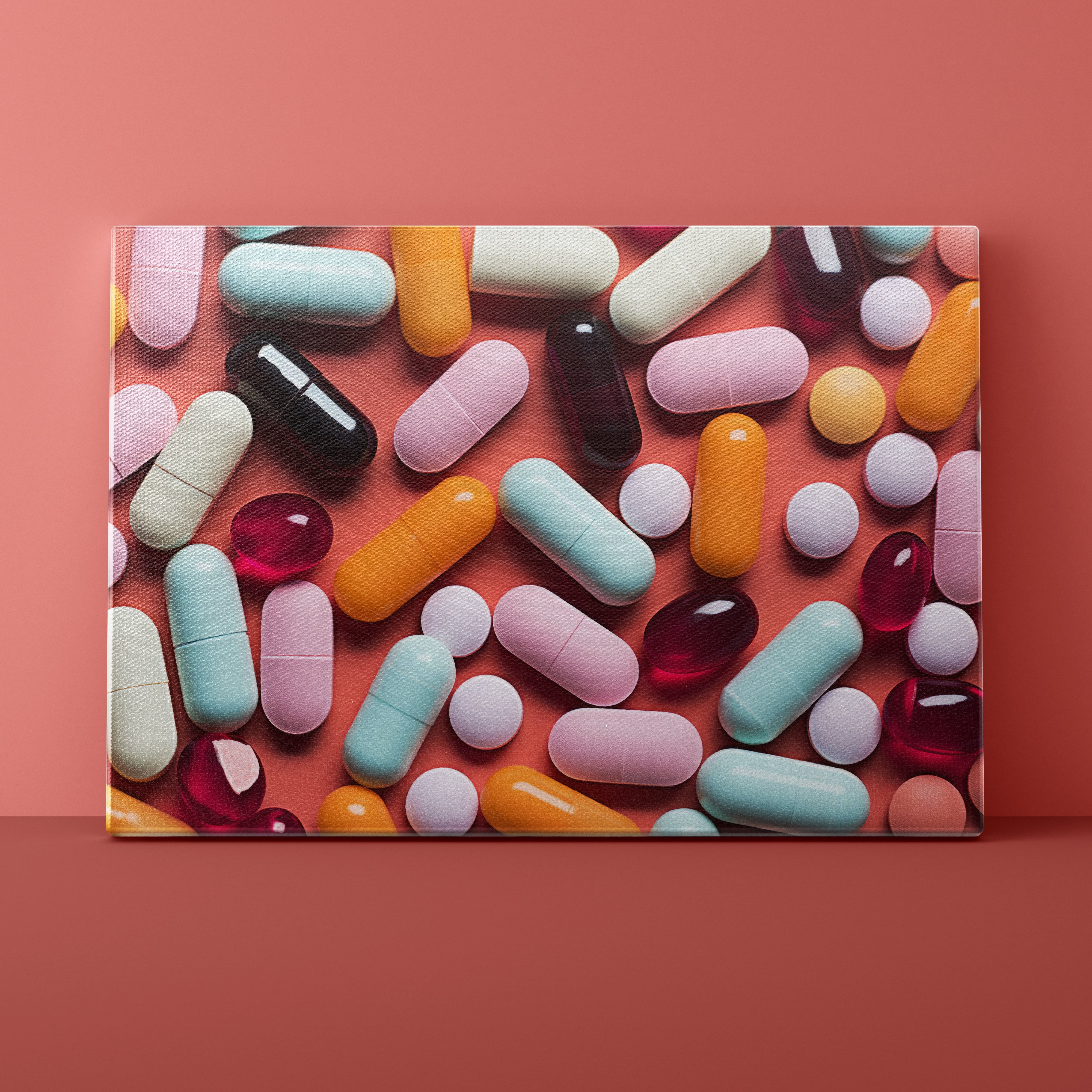 Colorful assortment of pills on a pink background