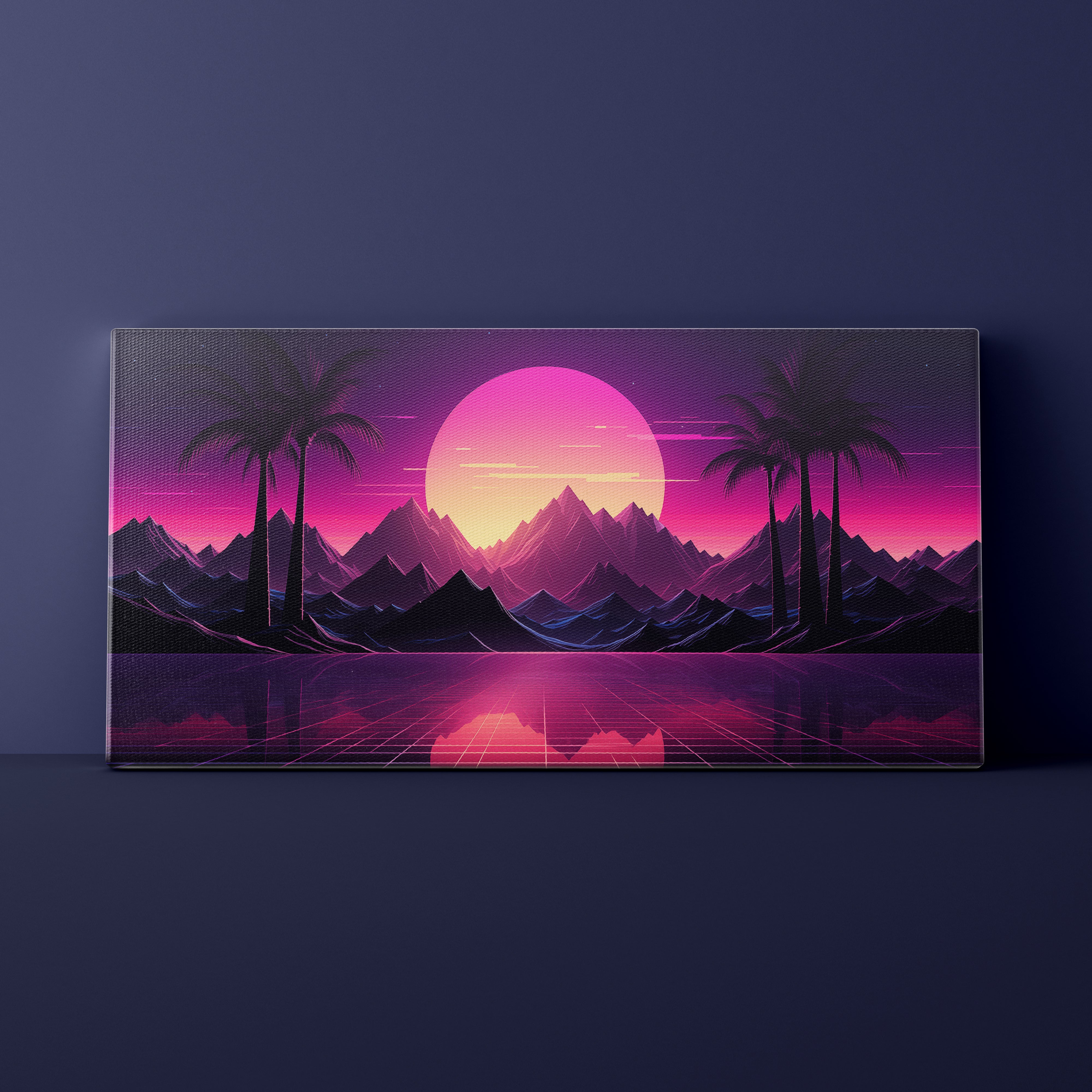 Canvas print with a futuristic landscape design featuring palm trees, mountains, and a pink sun on a dark blue background.