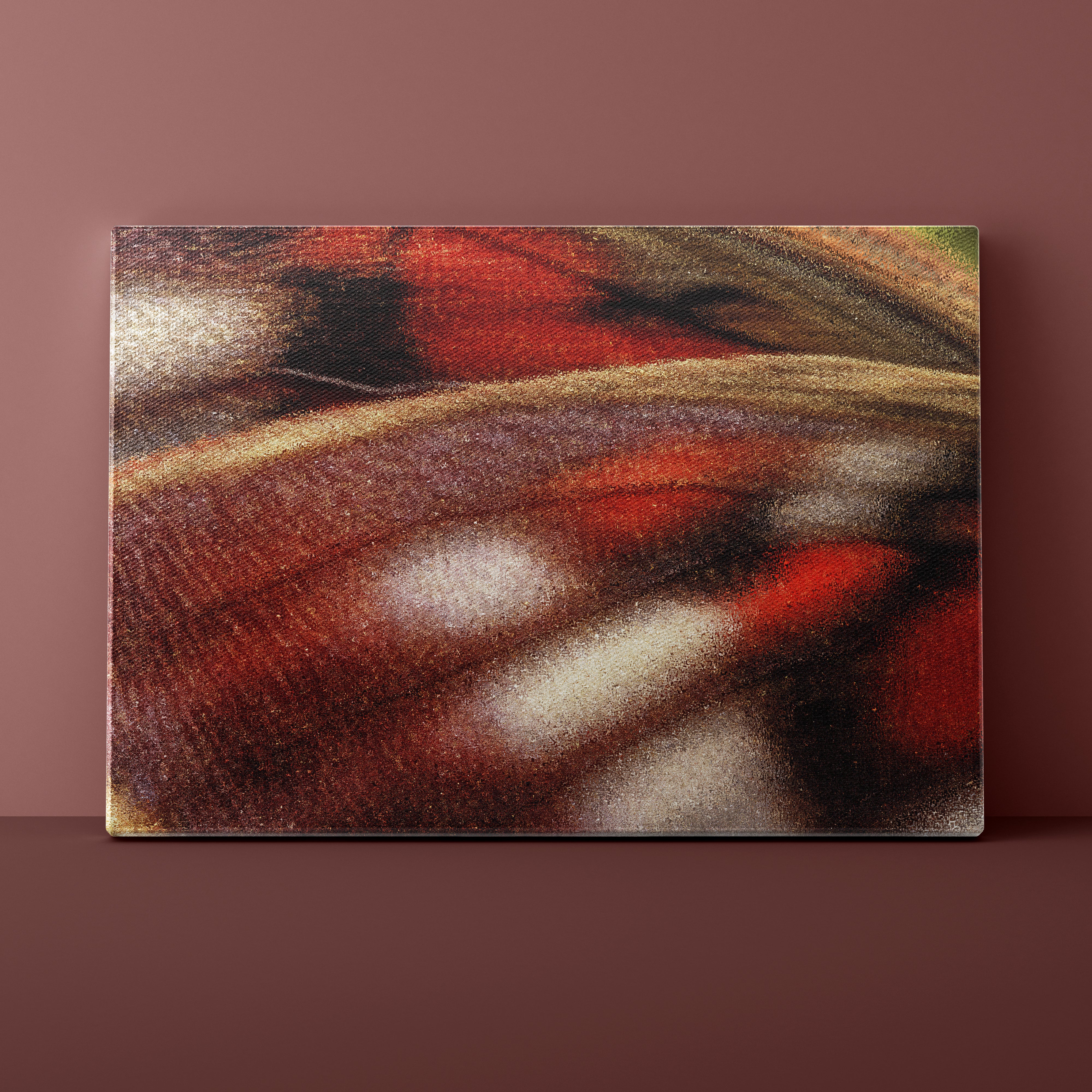 Abstract art piece with red, brown, and beige colors on a brown background