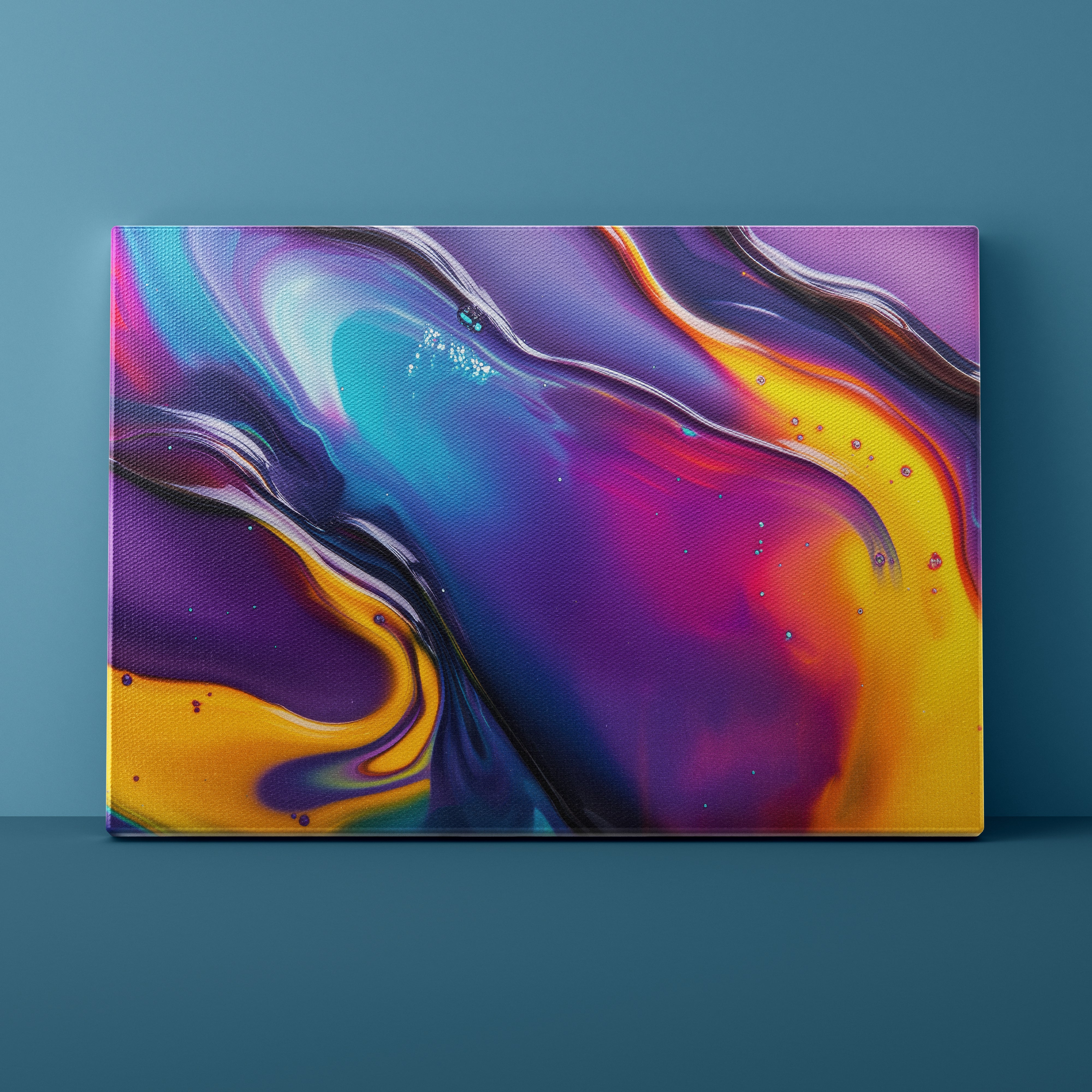 Abstract art canvas with colorful swirls on a blue background
