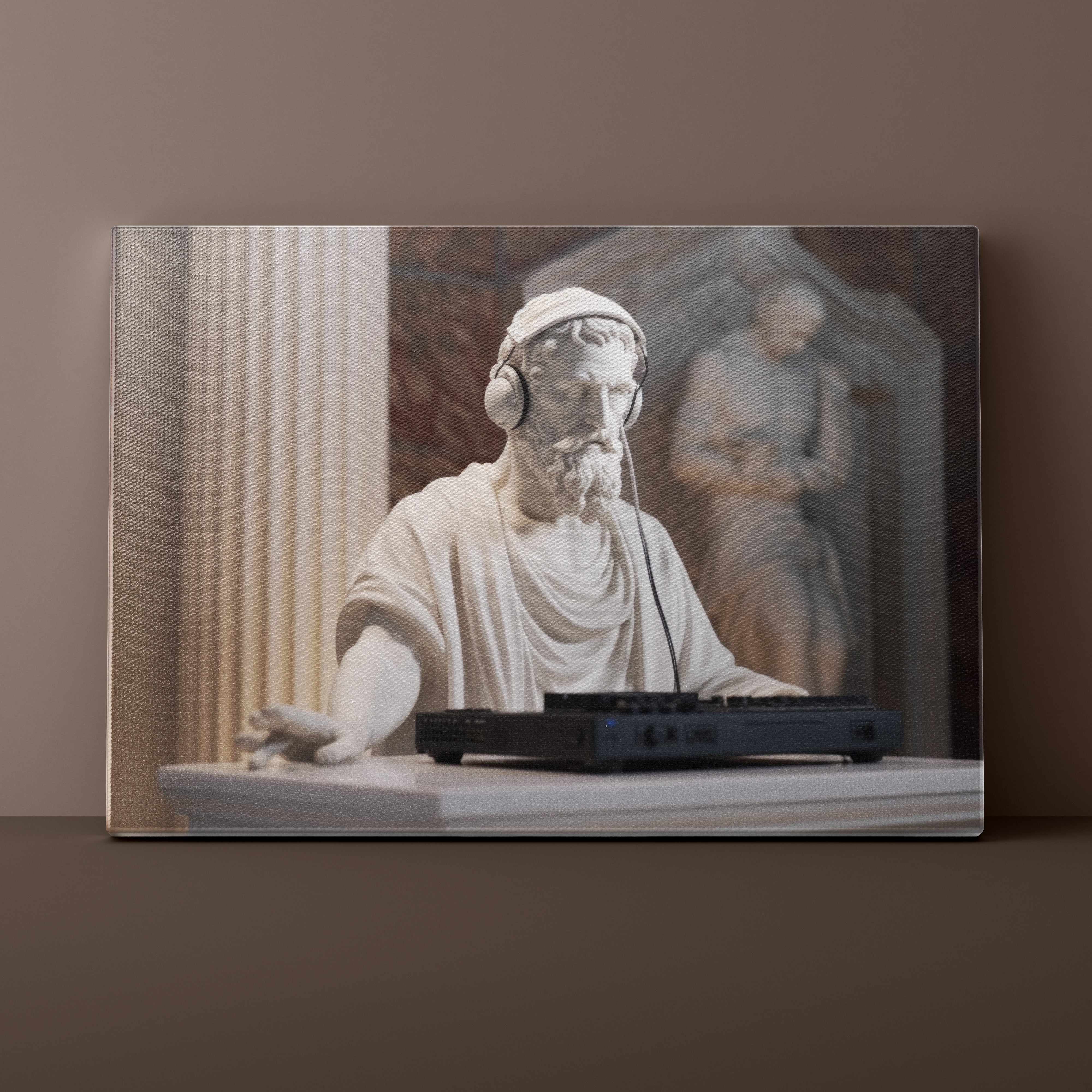 Statue of a classical figure wearing headphones with a modern keyboard in front, on a brown background