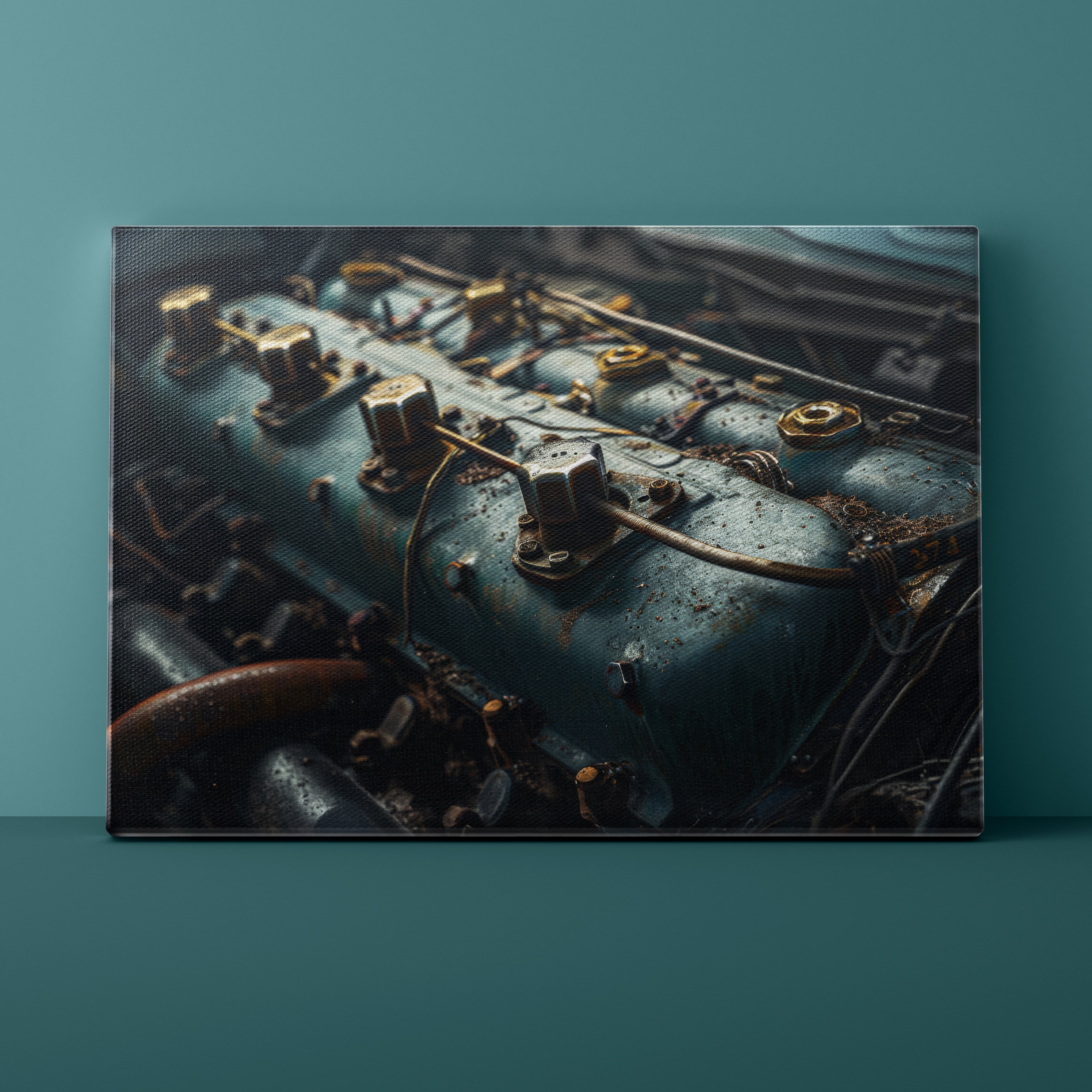 Close-up of a vintage engine on a teal background