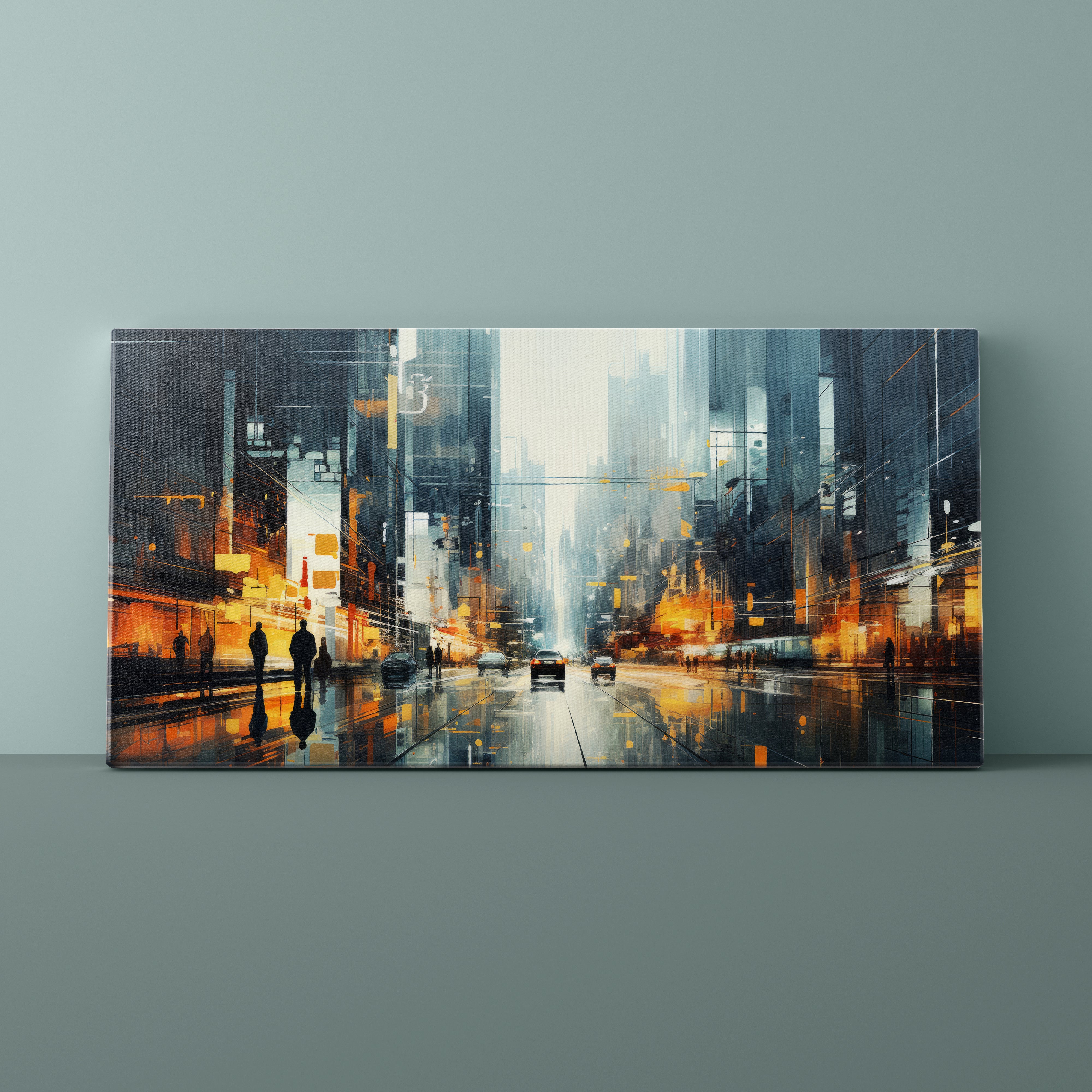 Cityscape painting on a gray wall