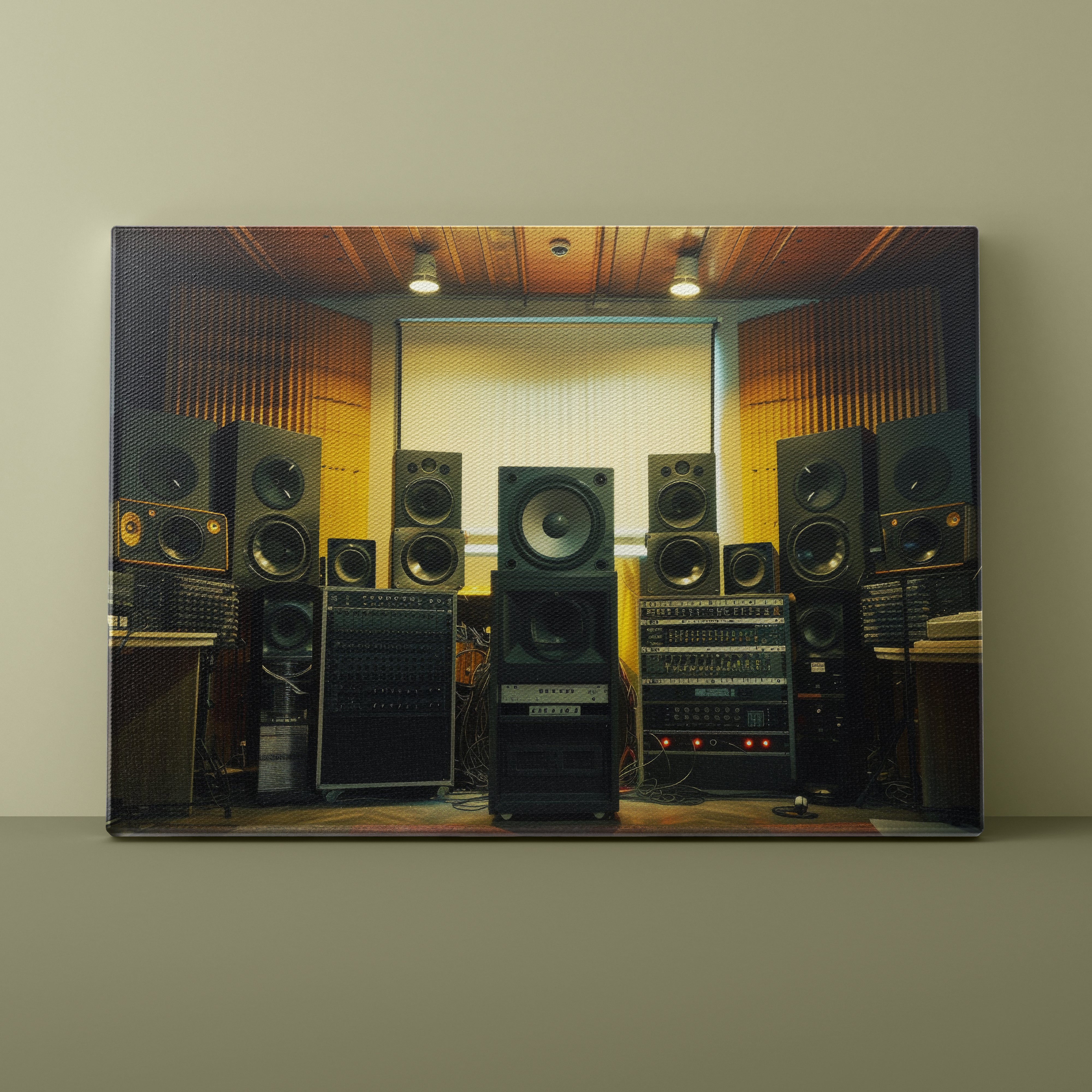 Canvas print of a room with audio equipment on a wall.