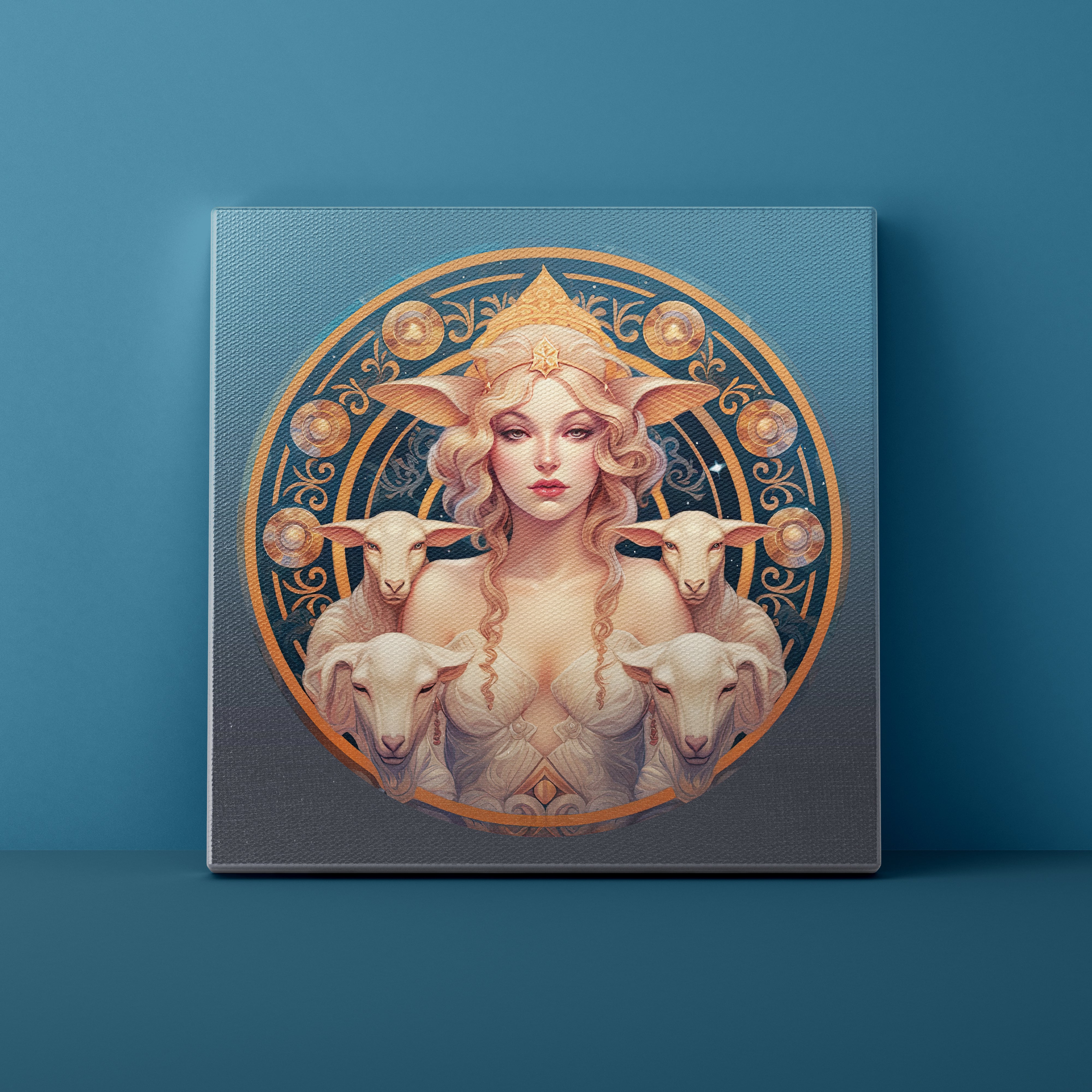 Canvas print of a woman surrounded by sheep in a decorative frame on a blue background