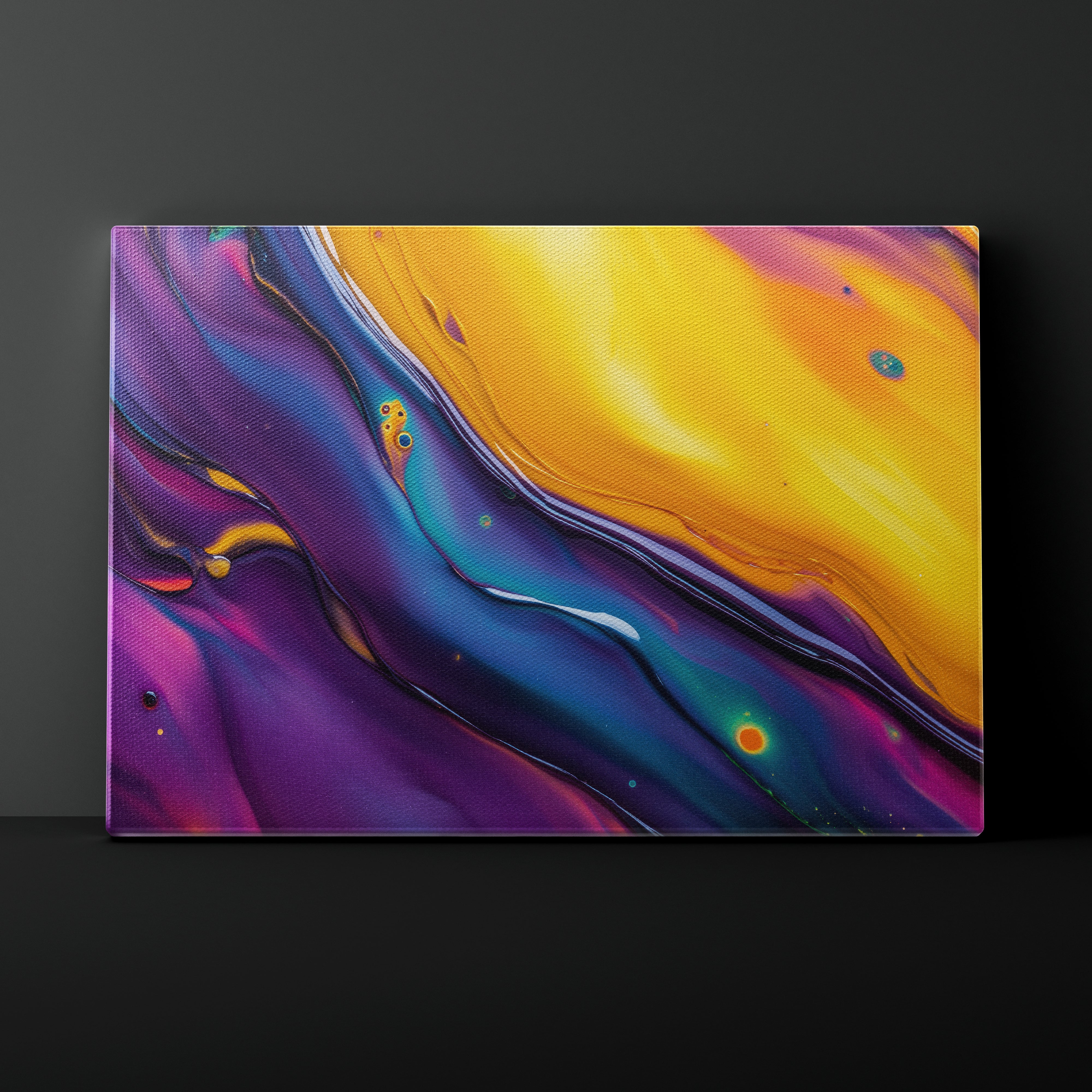Abstract art canvas with colorful swirls on a dark background