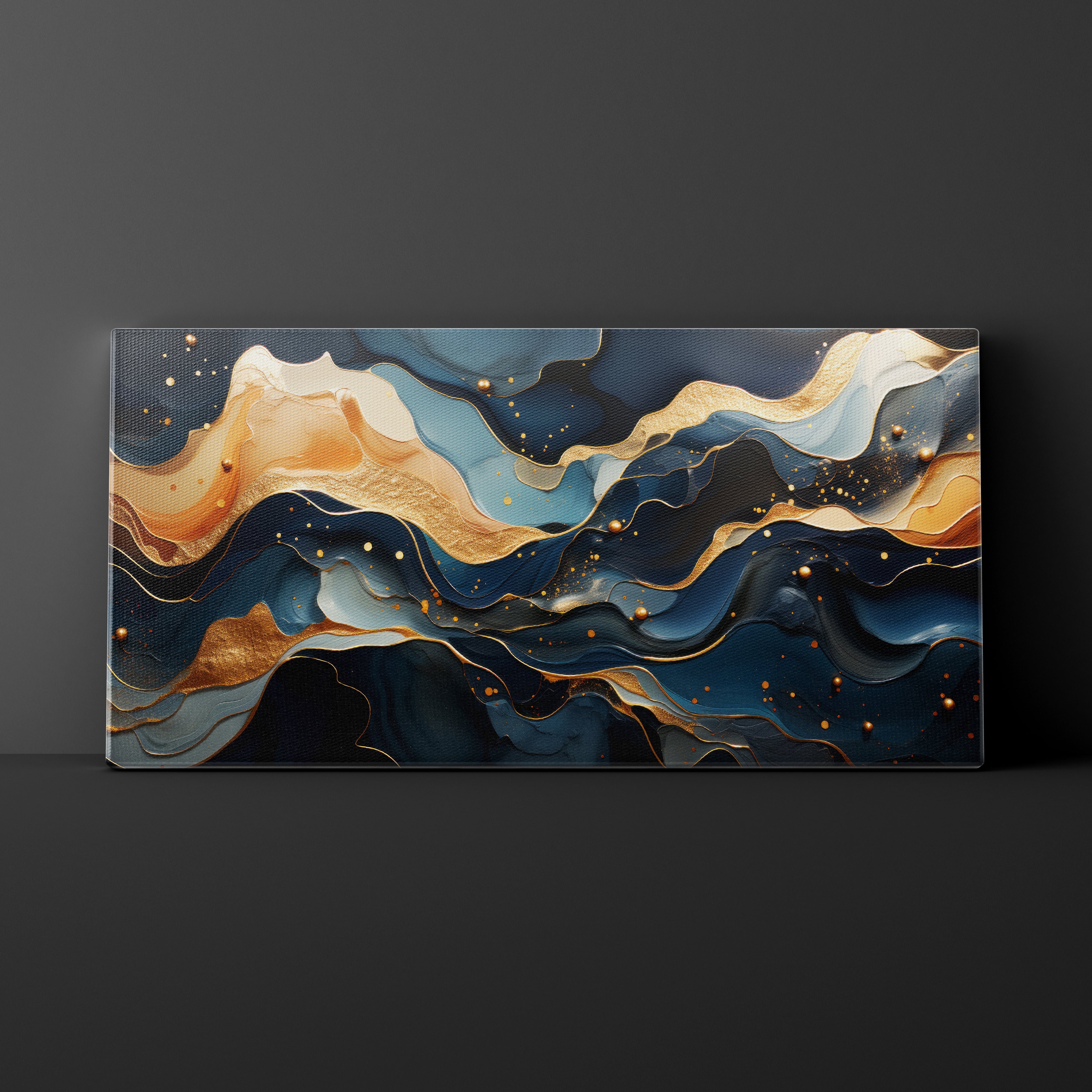 Abstract art piece with wavy patterns in blue, gold, and beige on a dark background