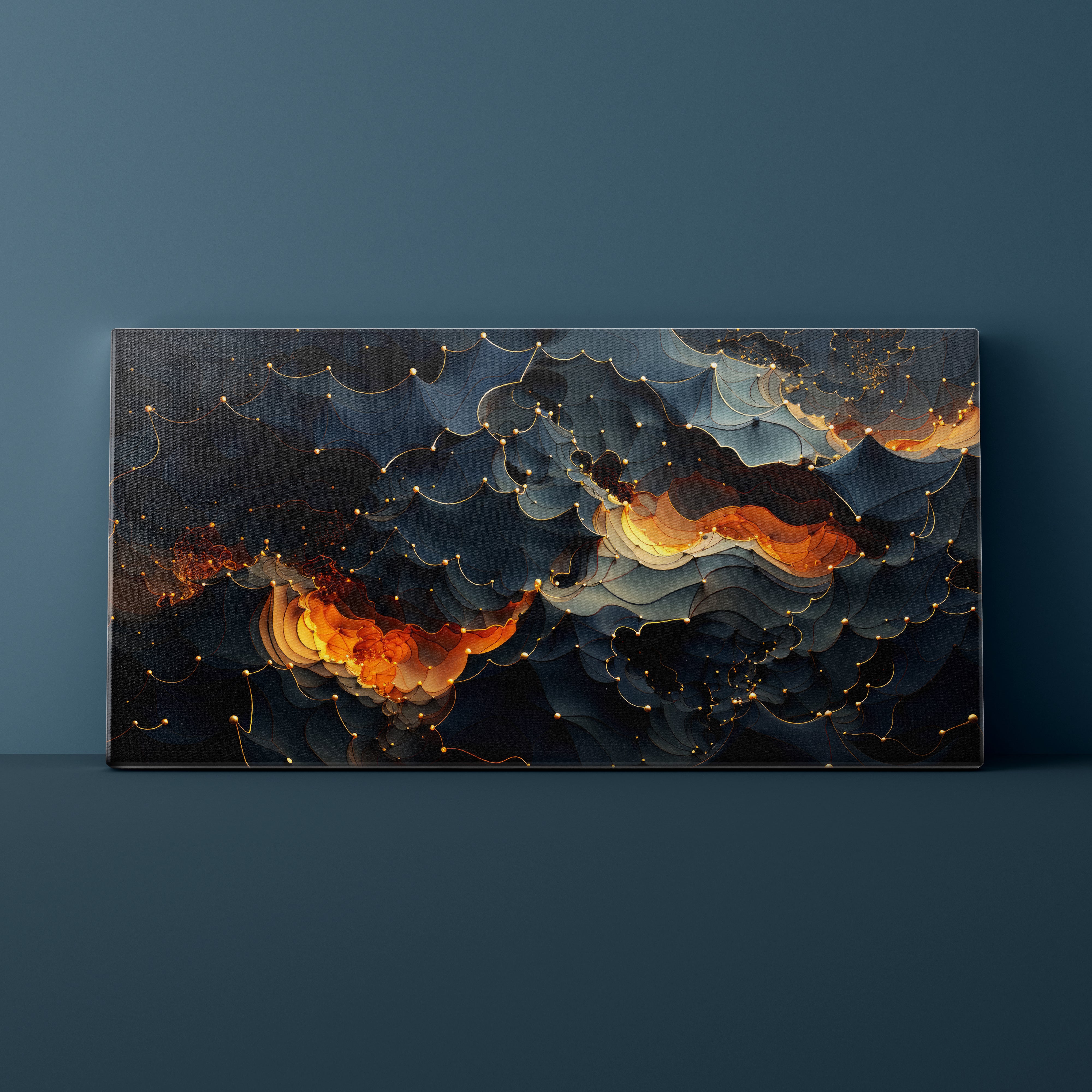 Abstract art piece with fiery and celestial elements on a dark blue background