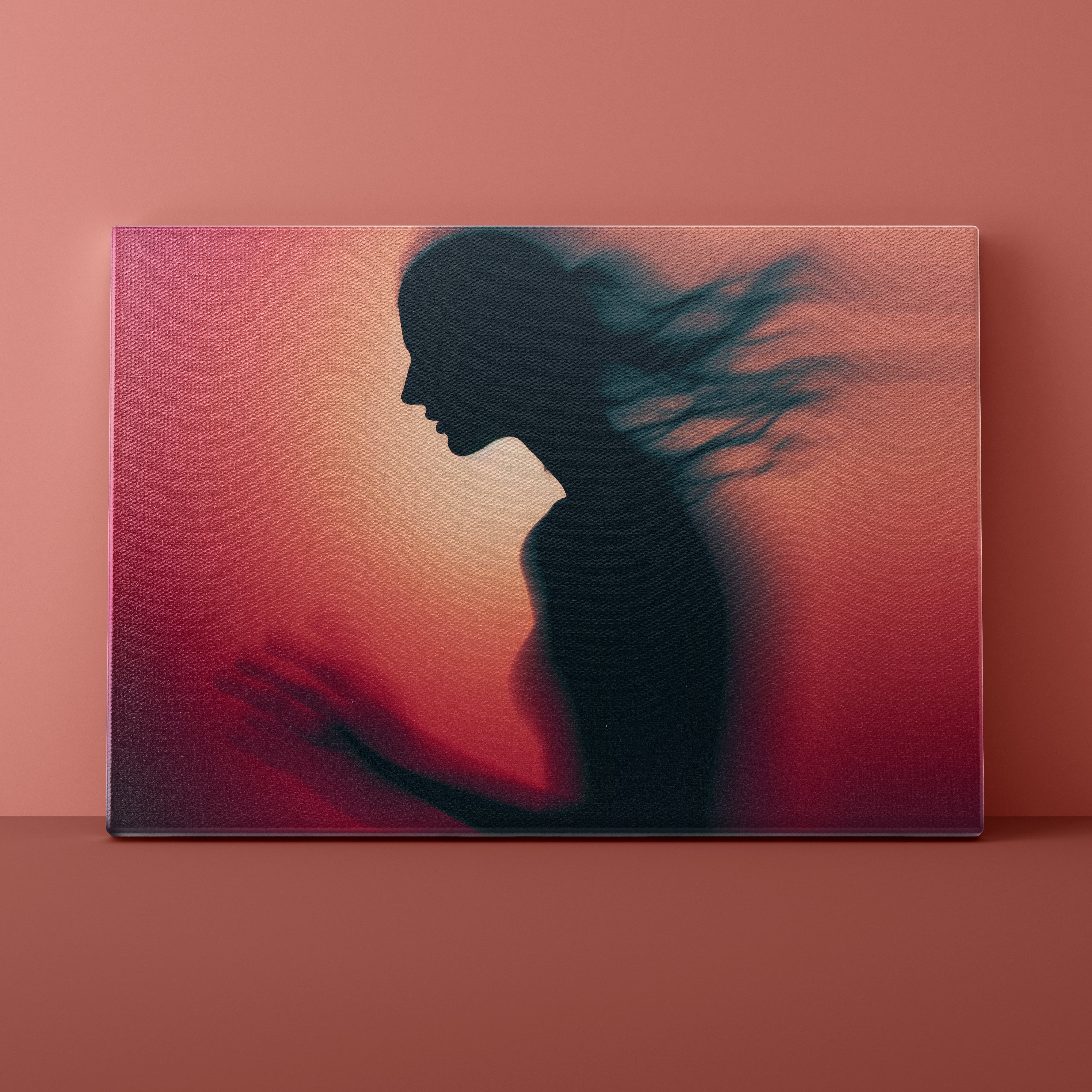 Silhouette of a person with flowing hair against a gradient background