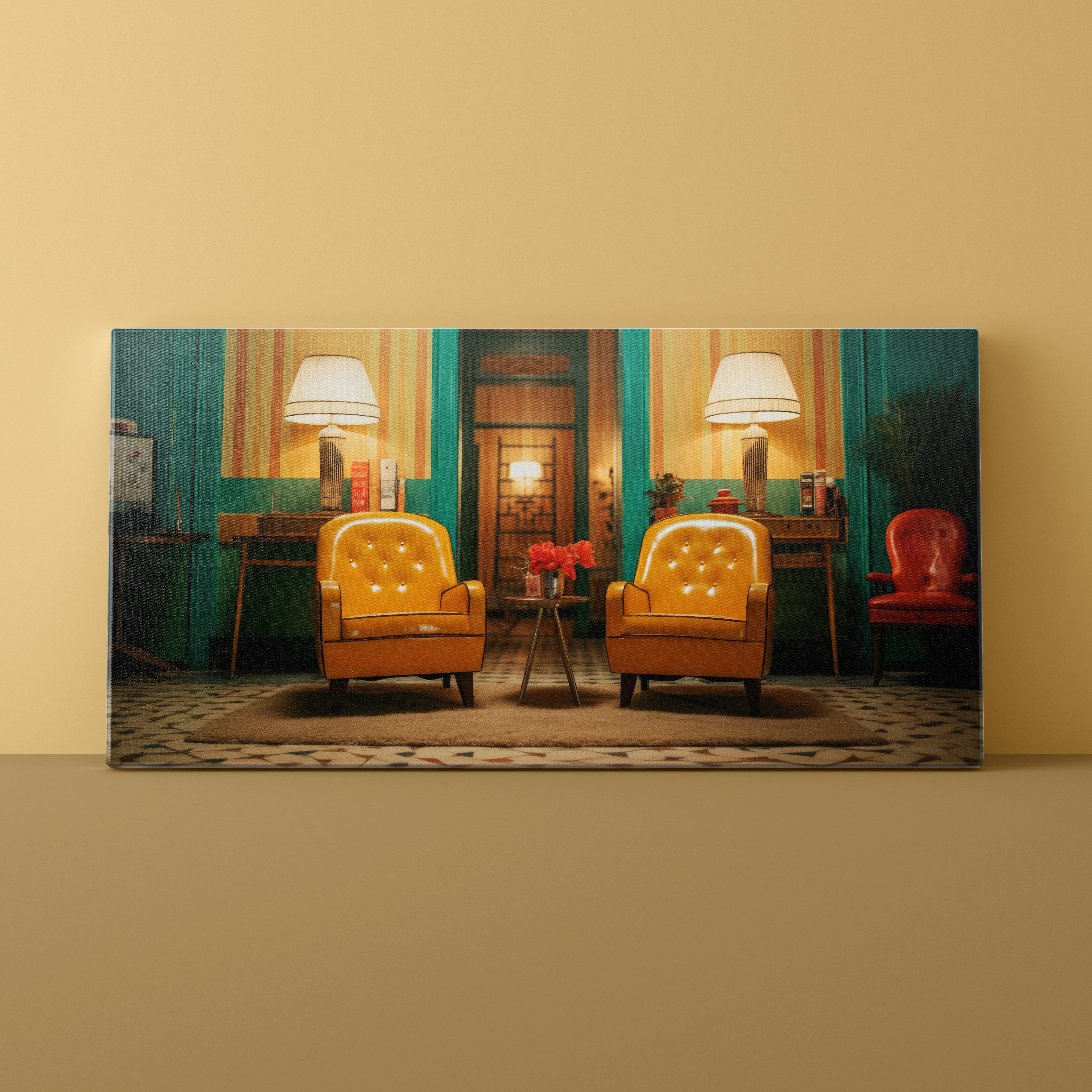 Canvas print of a room with two yellow chairs and a red chair on a beige wall.