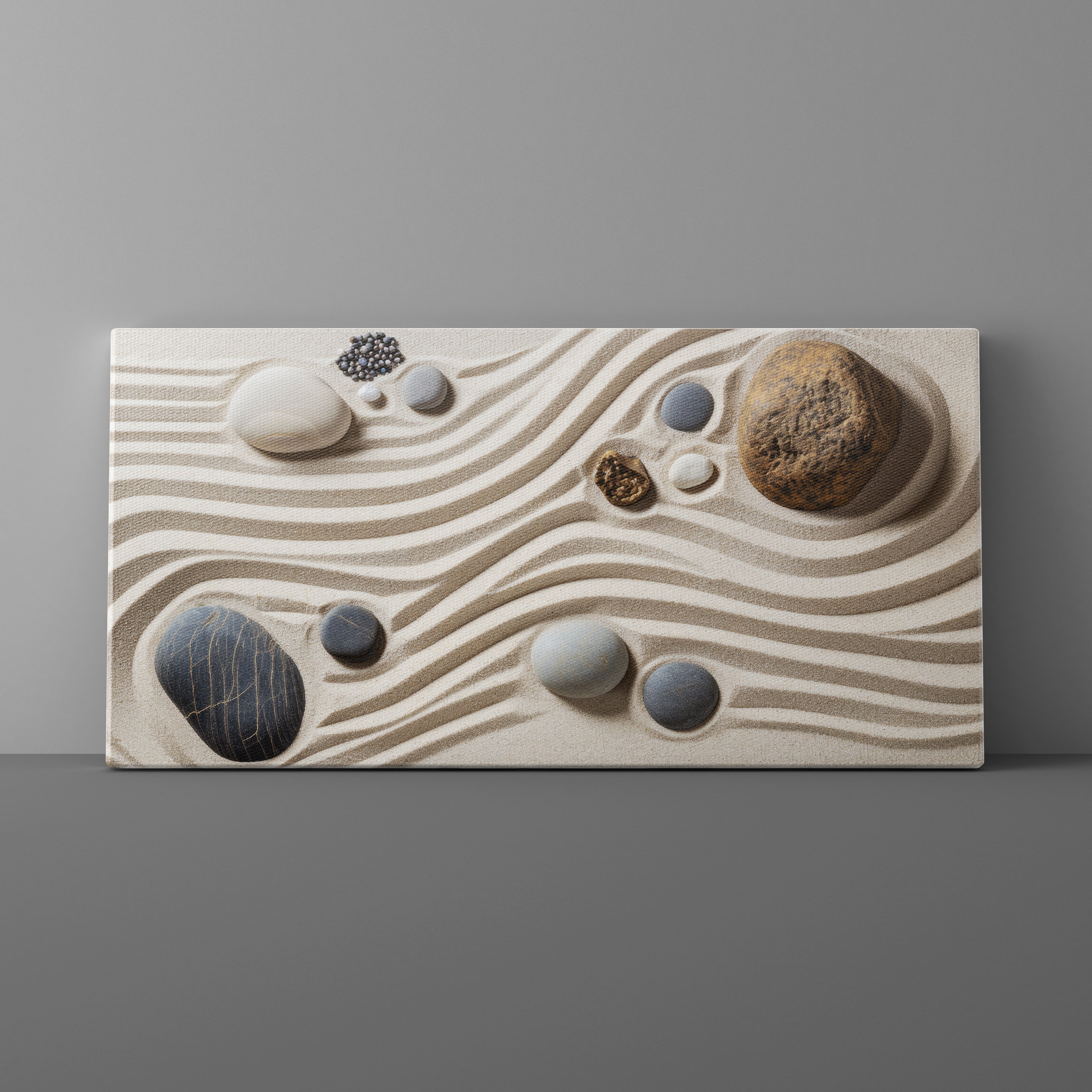Decorative wall art with stones on a textured surface against a gray background
