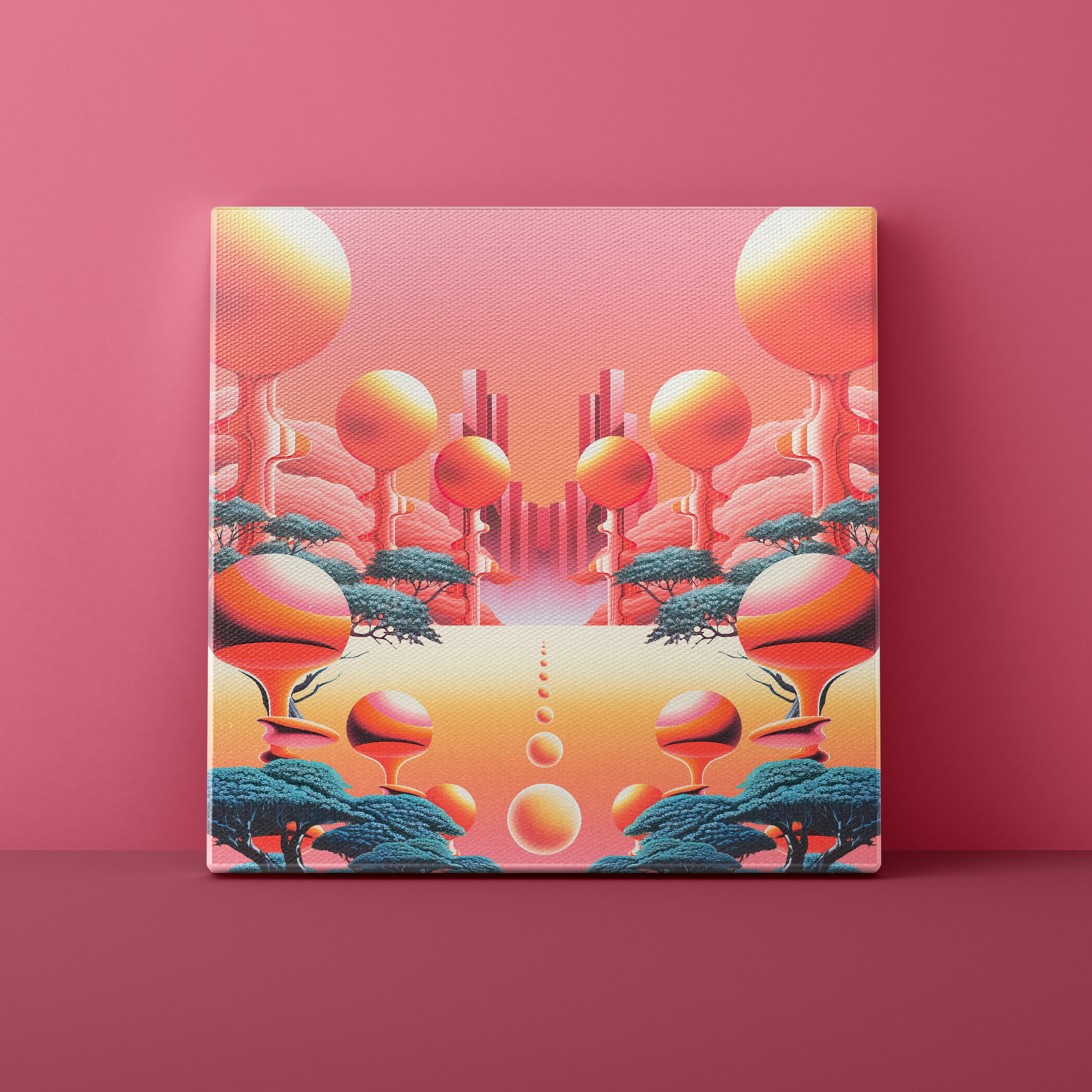 Surreal landscape with geometric shapes and trees on a pink background