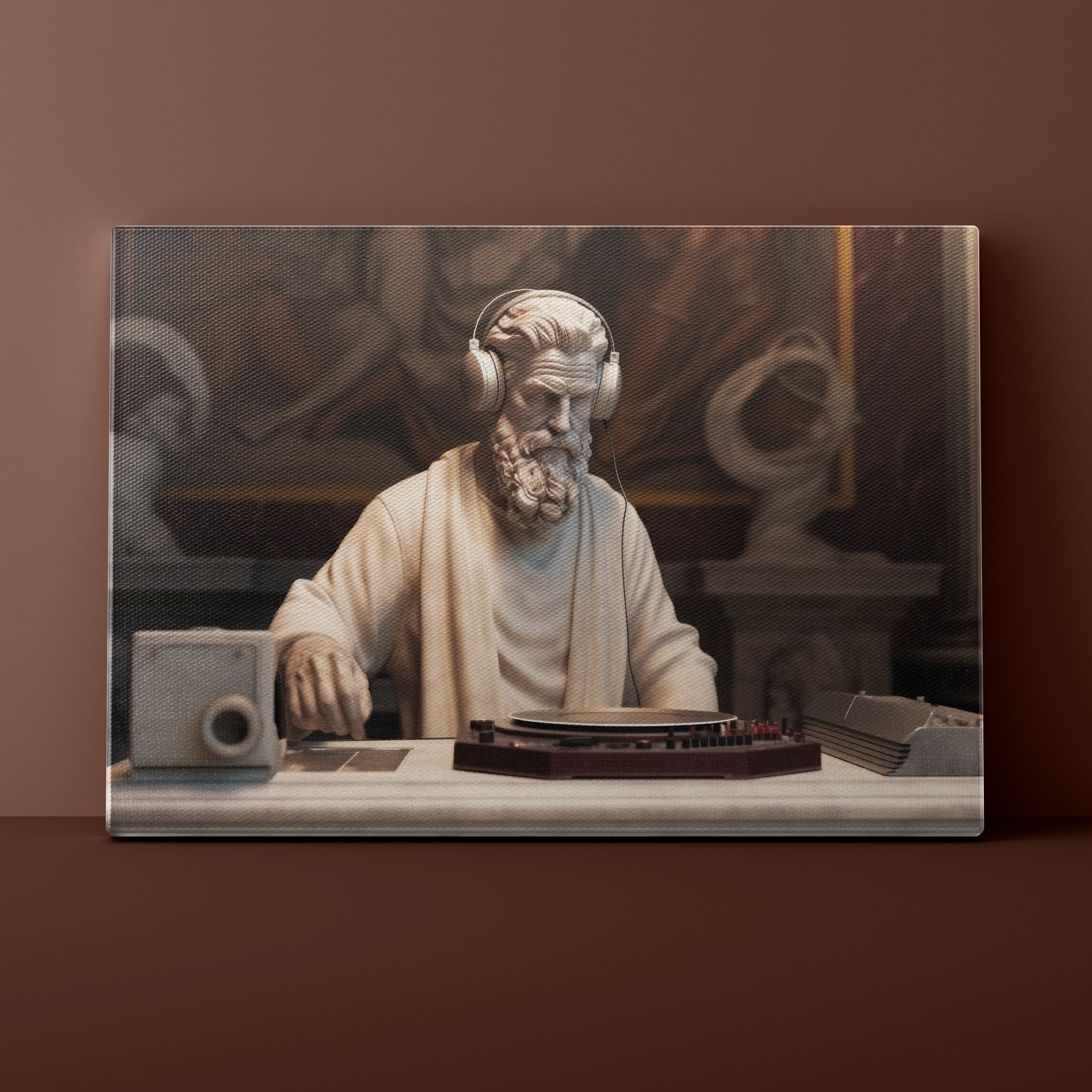 Statue of a man with headphones sitting at a desk with modern technology on a brown background